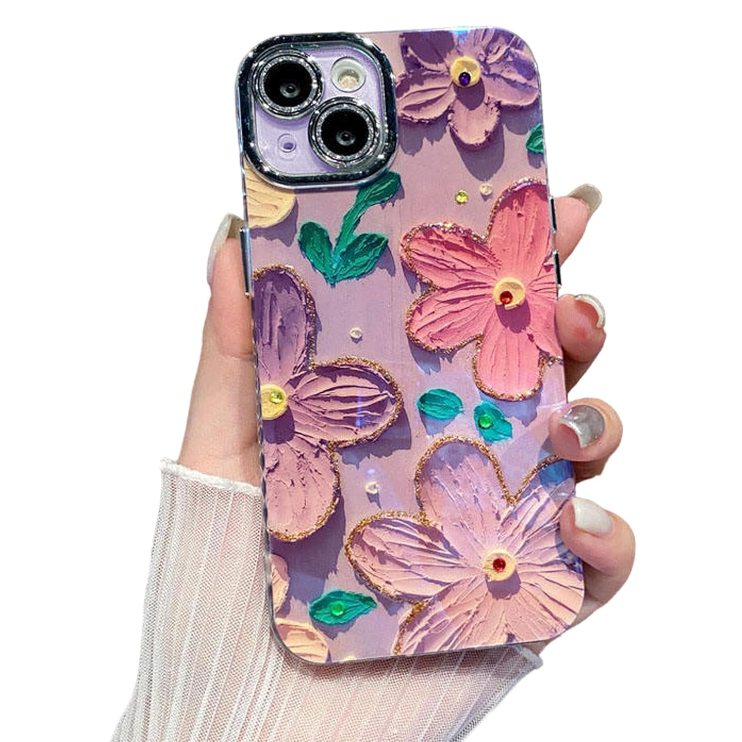 Elzzi Compatible with iPhone 13 Case 3D Laser Flower Oil Painting Cute Colorful Blue Ray Bumper with Full Camera Protection Shockproof PC+TPU Glossy Shiny Cover for Girls Women, Pink & Purple Elzzi Compatible with iPhone 13 Case 3D Laser Flower Oil Painting Cute Colorful Blue Ray Bumper with Full Camera Protection Shockproof PC+TPU Glossy Shiny Cover for Girls Women, Pink & Purple