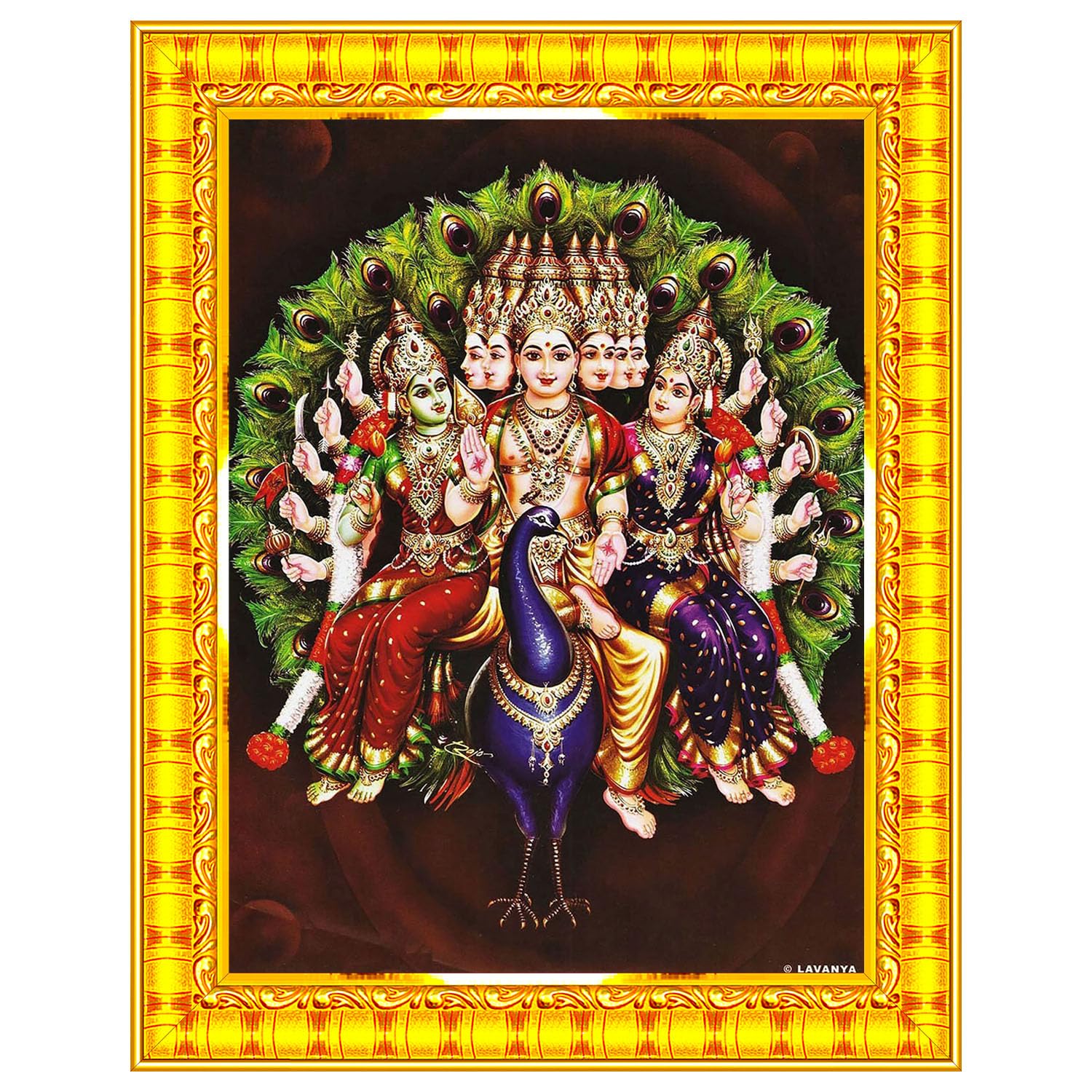 Lord Murugan Valli Deivanai Subramanya Swamy Wall Painting Framed Home Decor (Wood,Matte,Gold,Small Size,6 x 8 Inch) R69S