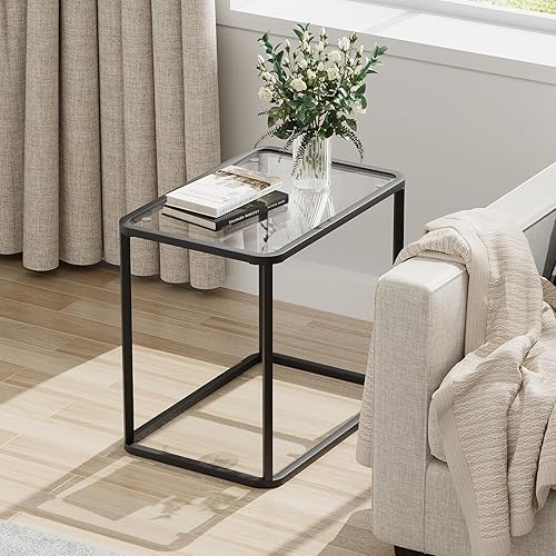 Miniatura 3 de Garden 4 you Mesa auxiliar de cristal, mesa auxiliar rectangular con marco de metal, moderna mesita de noche para oficina, dormitorio, sala de