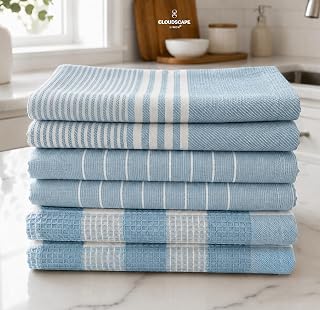 Cloud Scape Linen Premium Kitchen Towels Set of 6,Quick Dry,18x28, Aqua | Premium, Absorbent and Soft Feel, Quick-Drying, Doubles as a Tea Towel, Hanging Loop, Great Everyday Value
