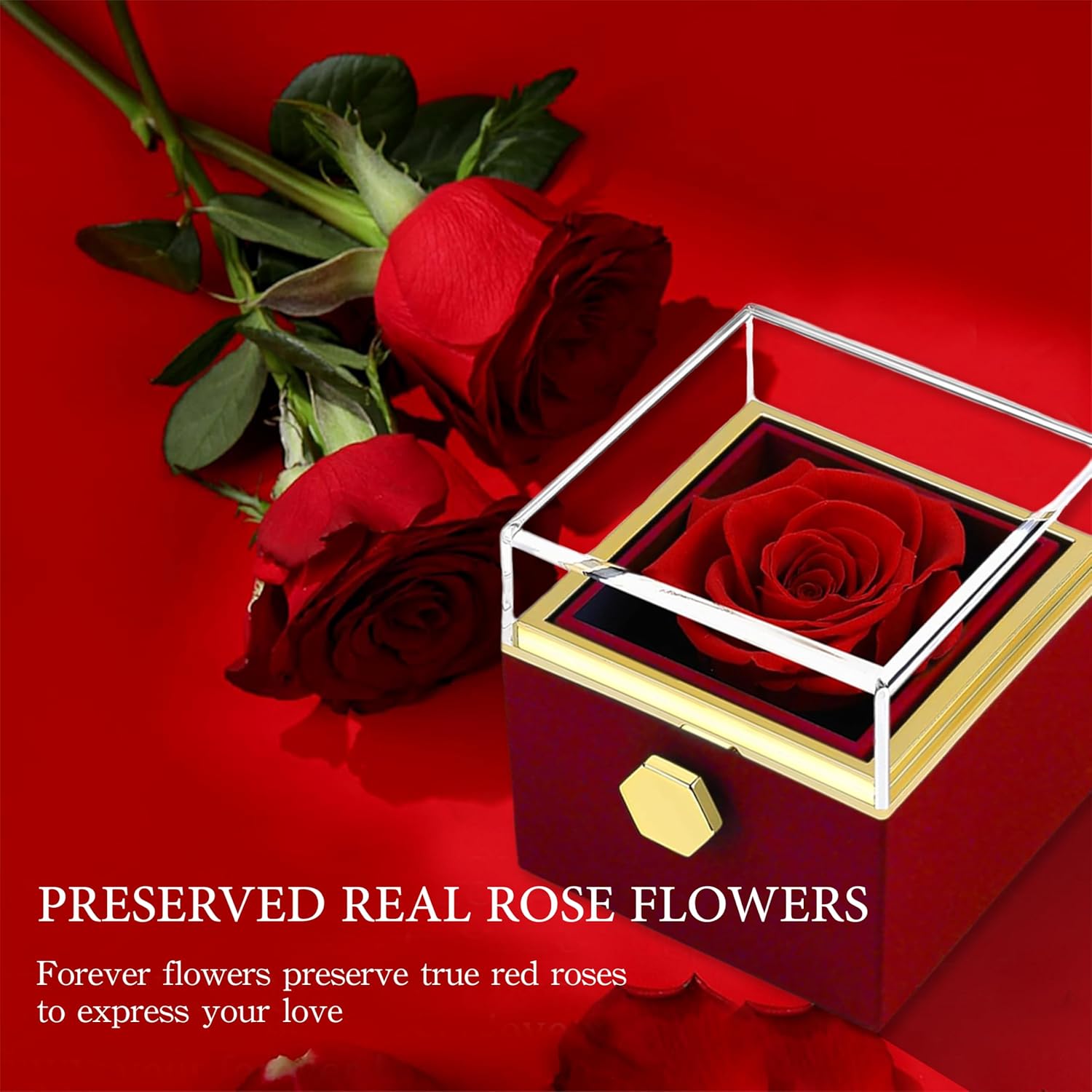 Preserved Real Rose Rotate Box with I Love You Necklace in100Languages-Eternal Flowers Rose Romantic Gifts for Mom Wife Girlfriend Daughter for Valentines Day Christmas Birthday (red) - Image 3