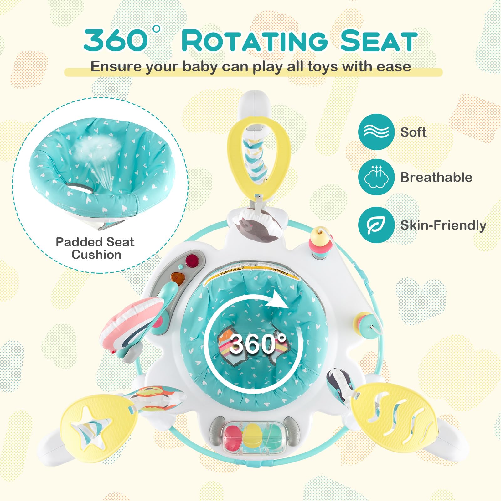 FANTASK Jumperoo Baby, Stationäres Aktivitätscenter mit 360° drehbare Sitz, Spielzeug & Musiktablett, bis 12 kg, ab 6 Monaten