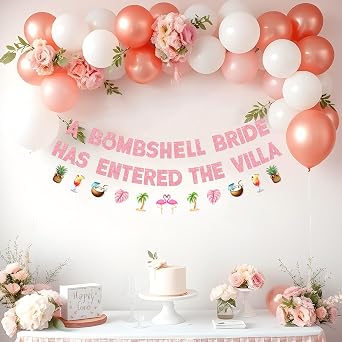 A Bombshell Bride Has Entered the Villa Banner, Pre-Strung Bachelorette Party Banner with Flamingo and Palm Garland for Love Island Bachelorette Party Decoration and Tropical Bridal Shower