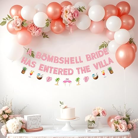 A Bombshell Bride Has Entered the Villa Banner, Pre-Strung Bachelorette Party Banner with Flamingo and Palm Garland for Love Island Bachelorette Party Decoration and Tropical Bridal Shower