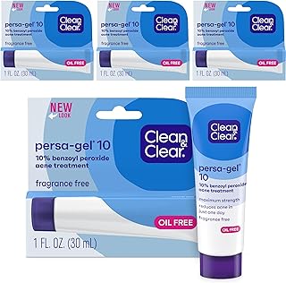 Clean & Clear Persa-Gel 10 Oil-Free Acne Spot Treatment with Maximum Strength 10% Benzoyl Peroxide, Topical Pimple Cream & Acne Gel Medication for Face Acne, Fragrance-Free, 1 fl. oz, 4 Count