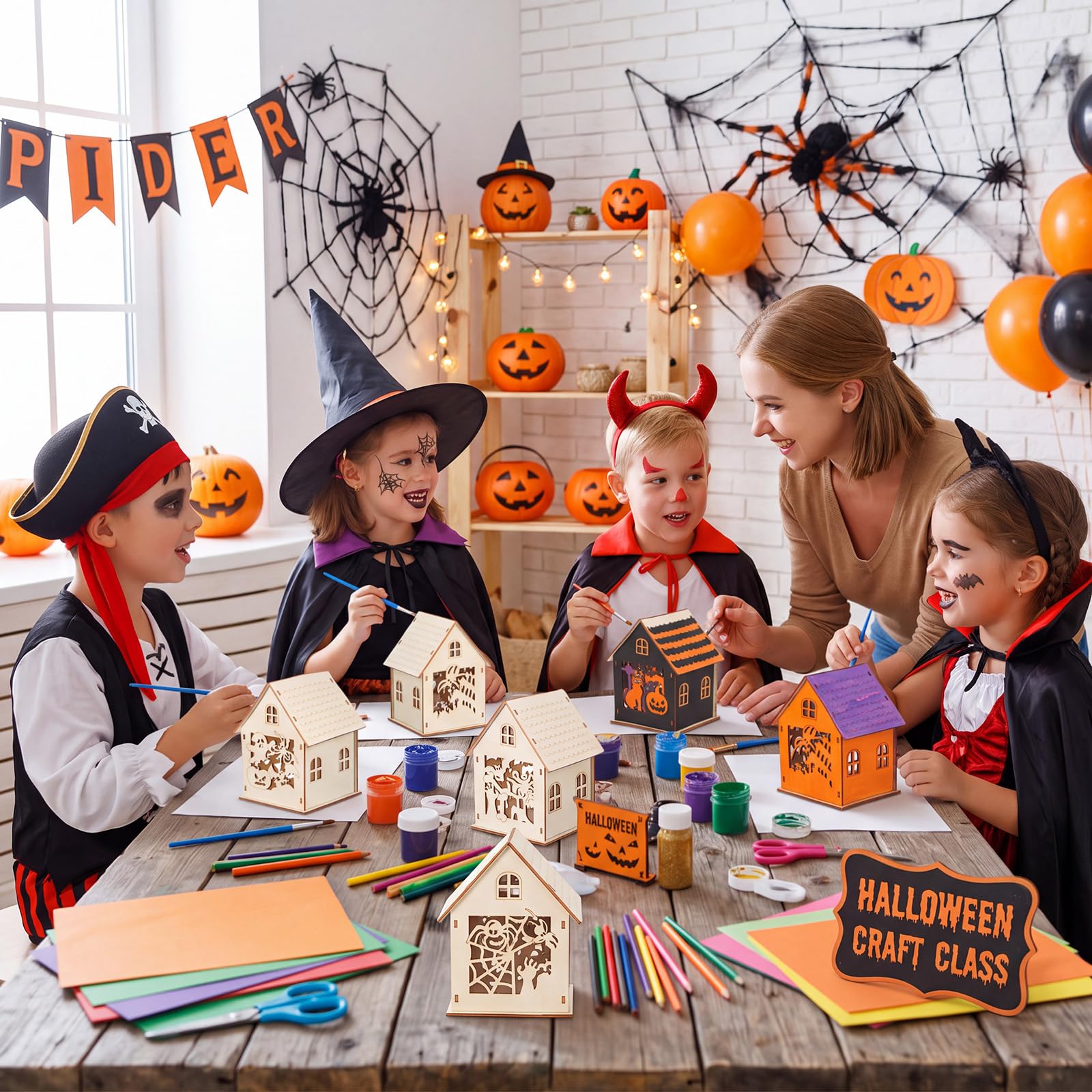 Jenaai Lot de 24 maisons d'Halloween en bois à faire soi-même - Maison hantée en vrac - Ensemble de village 3D en bois - Citrouille fantôme - Artisanat à peindre pour enfants - Cadeau de salle de