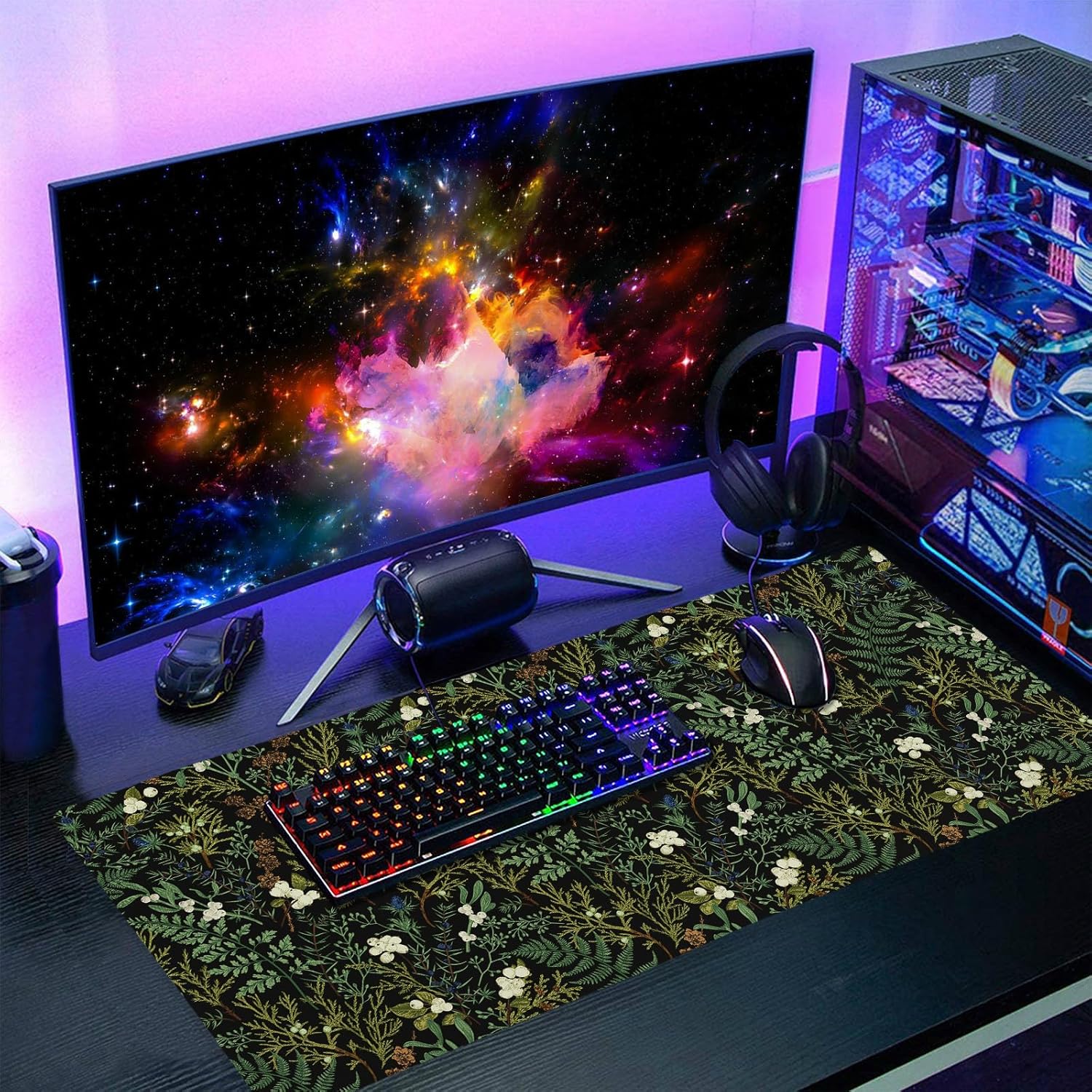Black Aesthetic Vintage Botanical Gaming Mouse Pad Extended Cute Forest Green Plant Nature Floral Large Big Mousepad Non-Slip Stitched Edge Long Mat for Desk Office Computer,40x20 Inch,100x50 CM