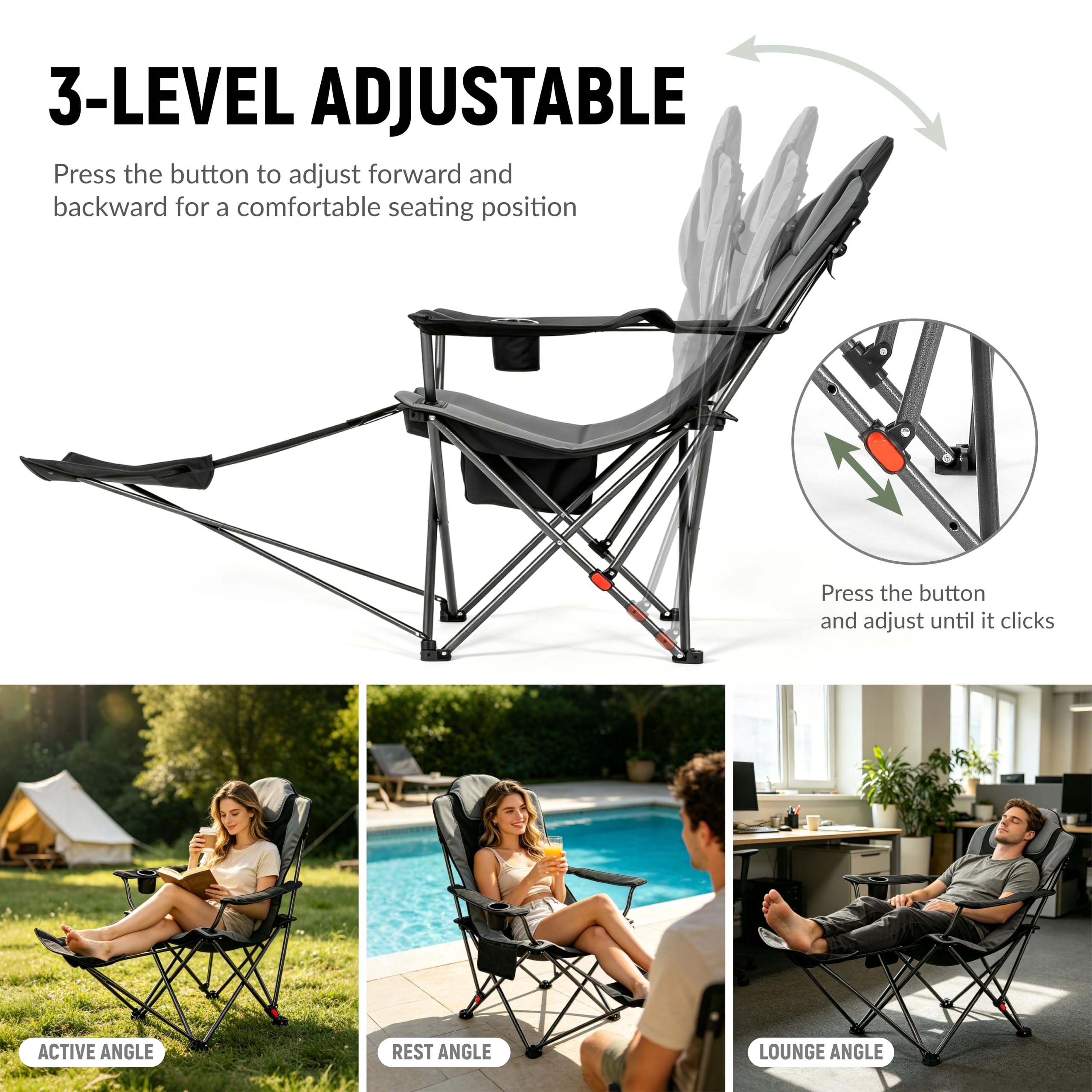 OUTSIDER Silla de camping resistente con reposapiés, 200 kg, silla plegable de 3 posiciones, soporte para bebidas, bolsillo superior con cremallera y bolsillo lateral, portátil para camping, pesca