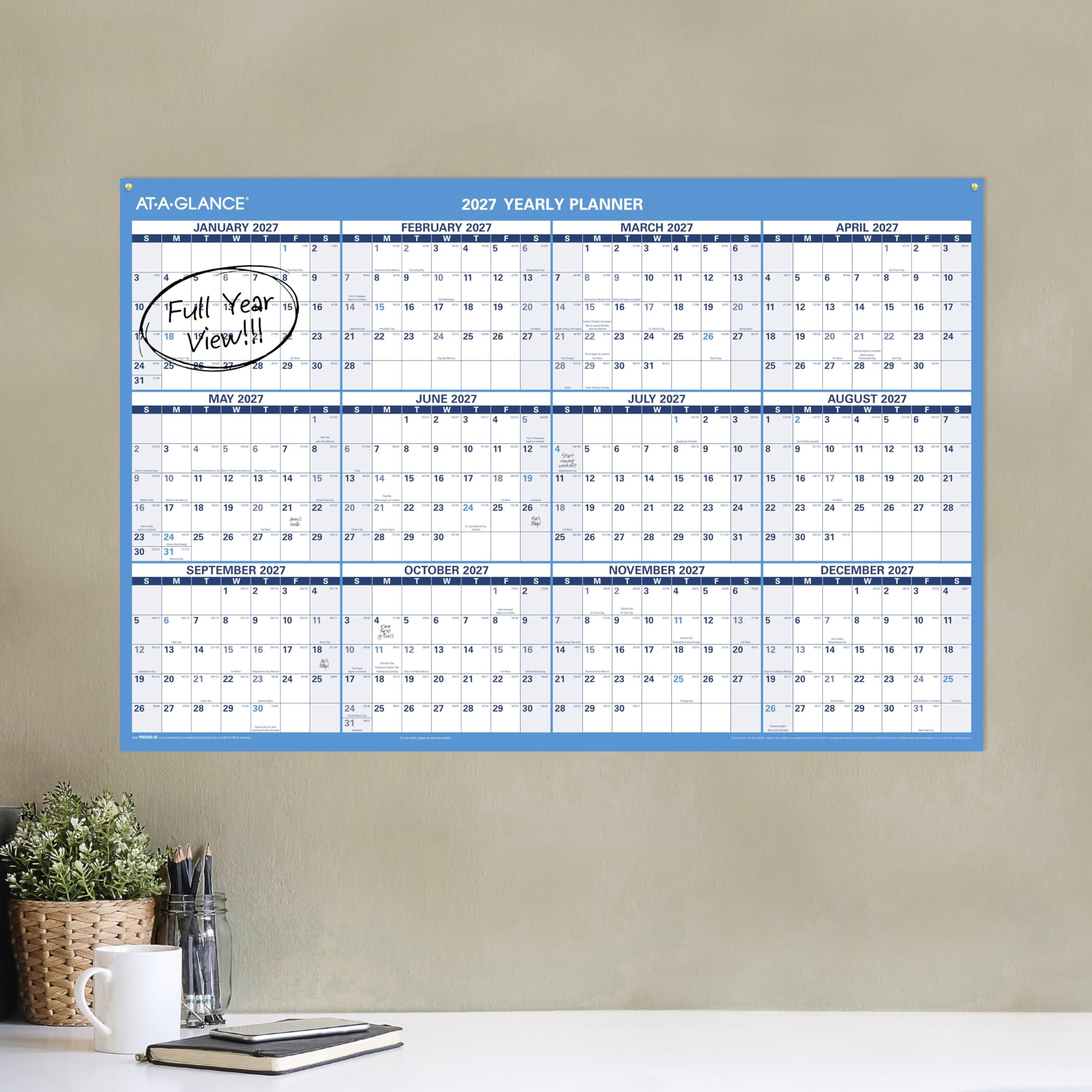 AT-A-GLANCE Dry Erase Kalender 2026–2027, akademischer und regulärer Jahresplaner, 12 Monate, 91,4 x 61 cm, doppelseitig, horizontal (PM200P28)