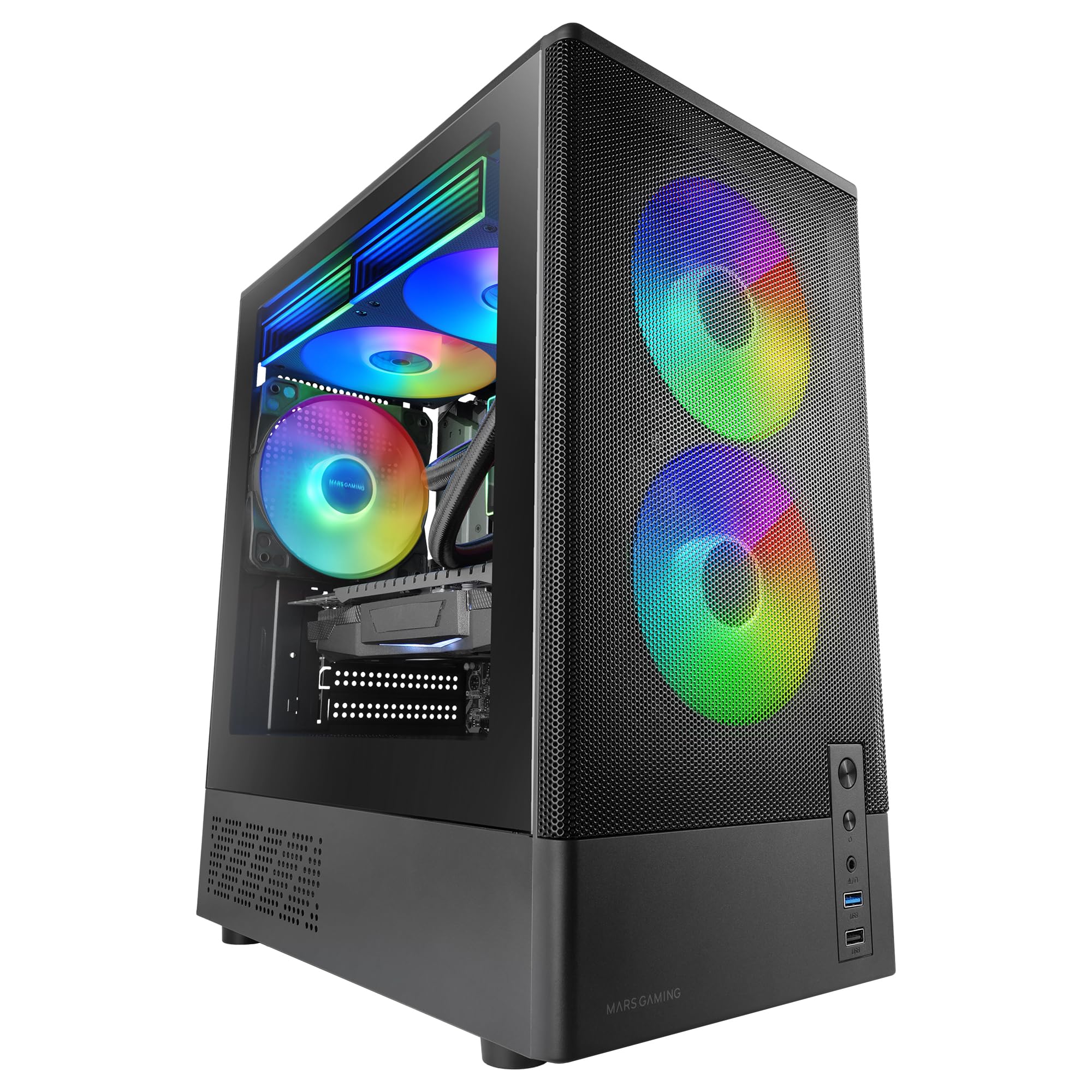 Mars Gaming MC-Onyx, MicroATX Gaming-Gehäuse, Metall-Mesh-Front, Seitenfenster aus Gehärtetem Glas, 3X ARGB FDB Lüfter, Doppelkammer-Struktur, Unterstützung für Flüssigkeitskühlung bis 240mm, Schwarz