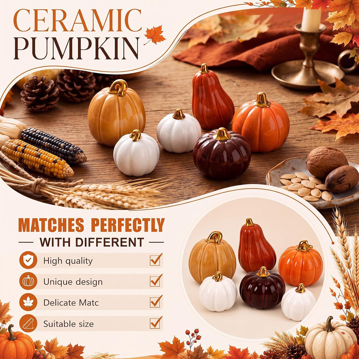 Thyle 6 Pcs Orange Ceramic Pumpkin Fall Table Decor