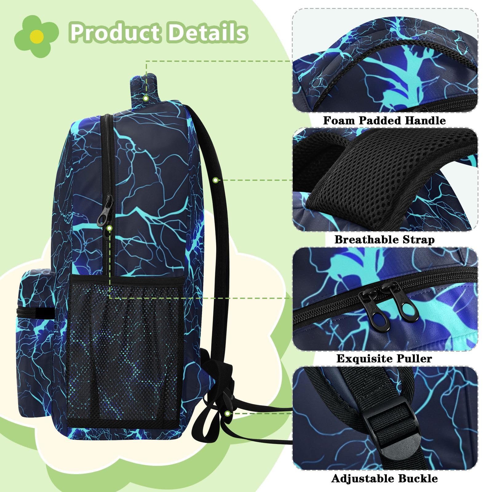 Mnsruu Reise-Laptop-Rucksack, dunkelblau, elektrischer Blitz-Rucksack, leicht und wasserabweisend, Schulrucksack für Teenager, Jungen, Mädchen, Erwachsene, Dunkelblauer elektrischer Blitz, S, Casual