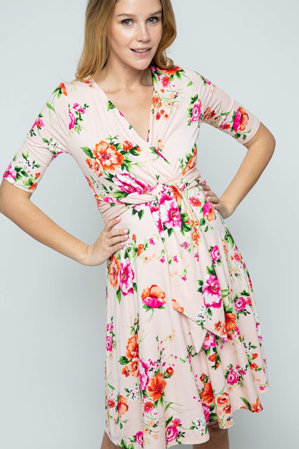 HELLO MIZ Women's Maternity Short Sleeve Knee Length Wrap Dress for Baby Shower (Blush Floral, XL)