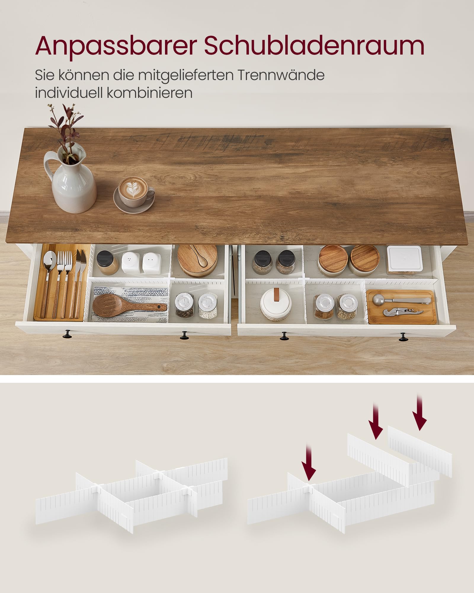 VASAGLE Küchenschrank, Sideboard mit Schubladen, Aufbewahrungsschrank mit Türen, verstellbare Ablage, Landhausstil, für Wohnzimmer Küche Esszimmer, 40 x 140 x 80 cm, vintageweiß-honigbraun BBK381W02