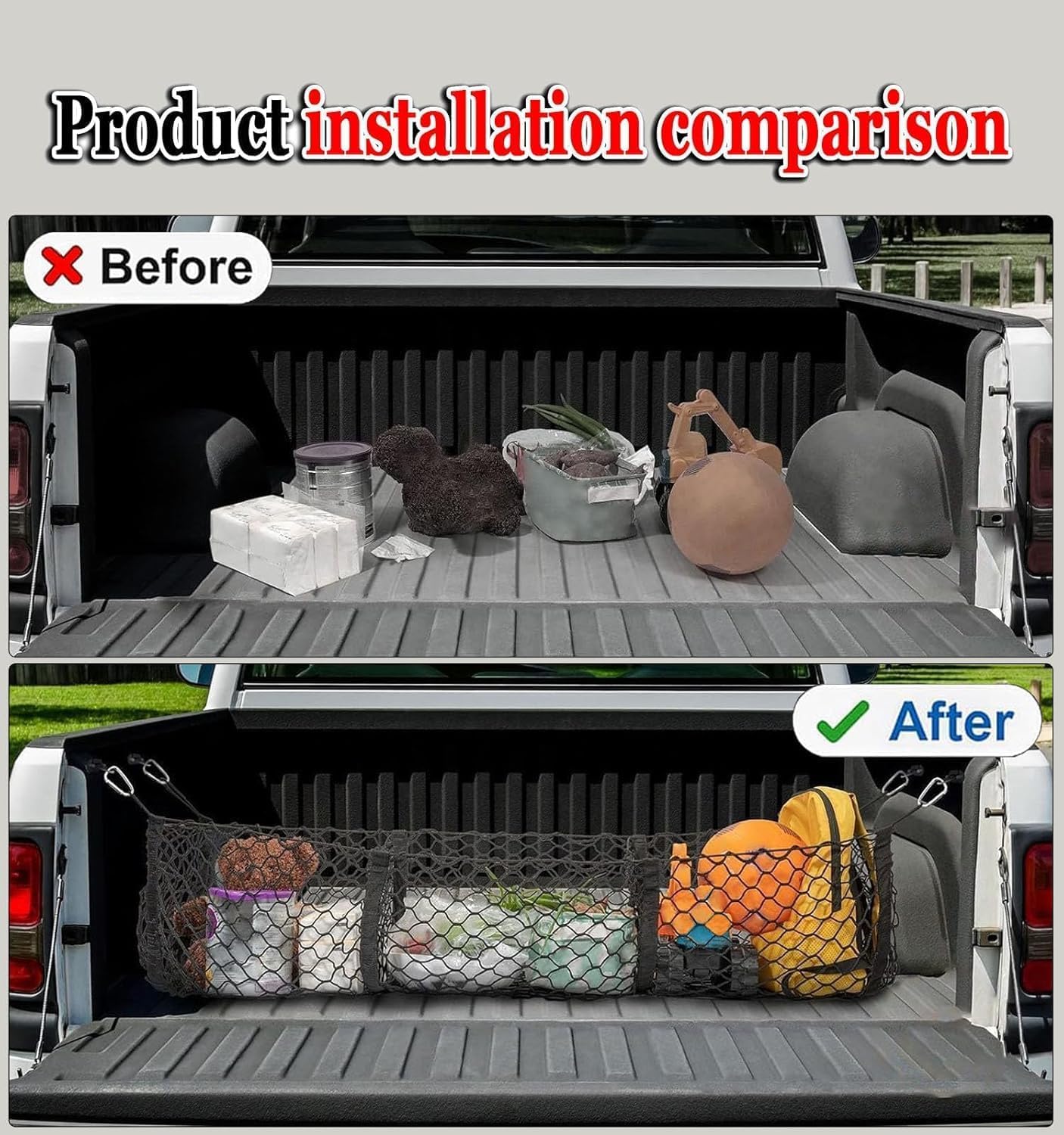 3‑Taschen Pickup Laderaum Netz für Ford Ranger 2022-2025, Schwerlast Ladeflächen Netz Organizer Verstellbares Truck Bed Cargo Netz,normal-130 * 30