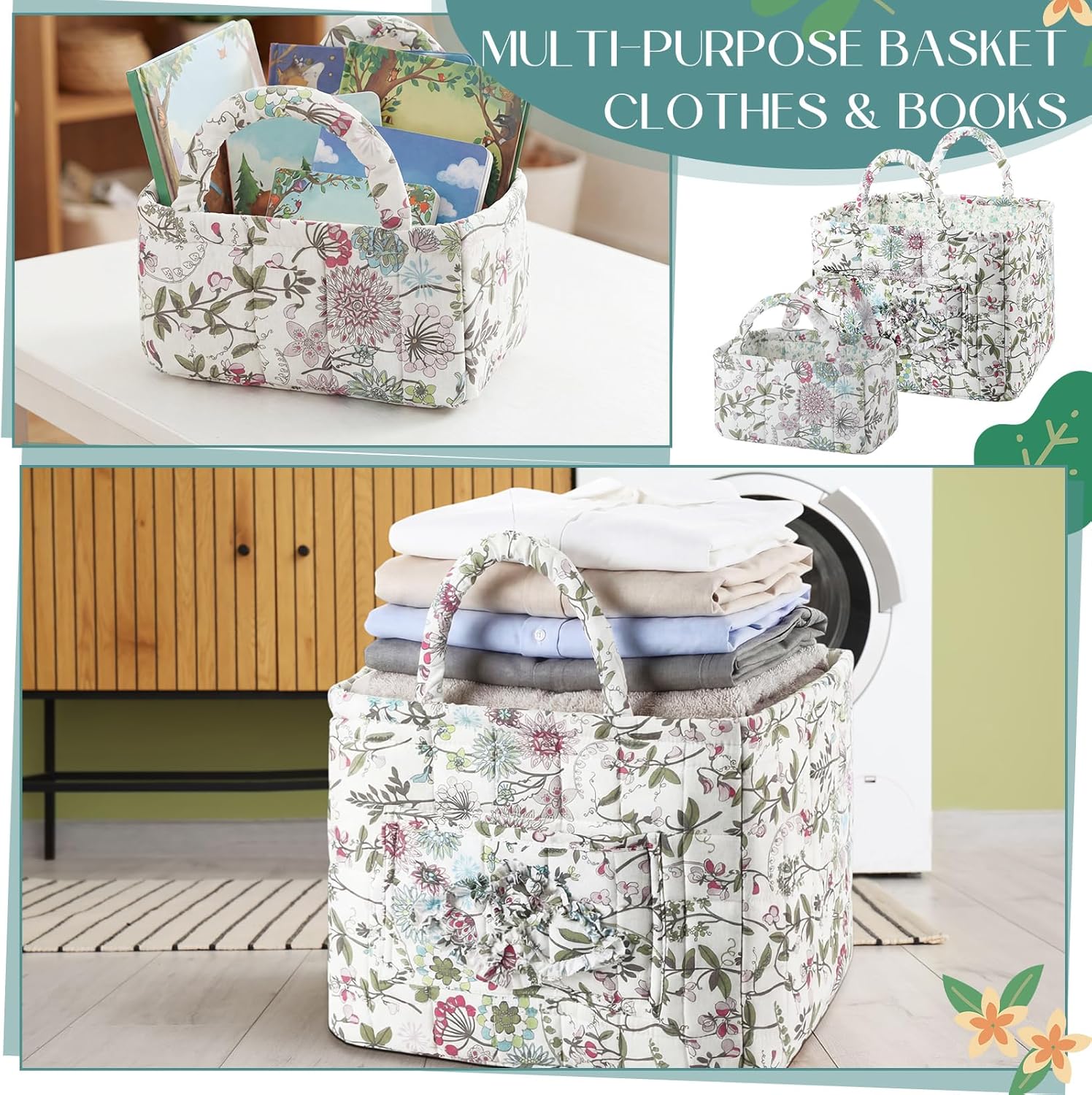 2 Pcs Quilted Fabric Storage Basket with Handles Large Capacity Laundry Basket Boho Foldable Floral Laundry Organizer Bin for Home Picnic Shopping Travel