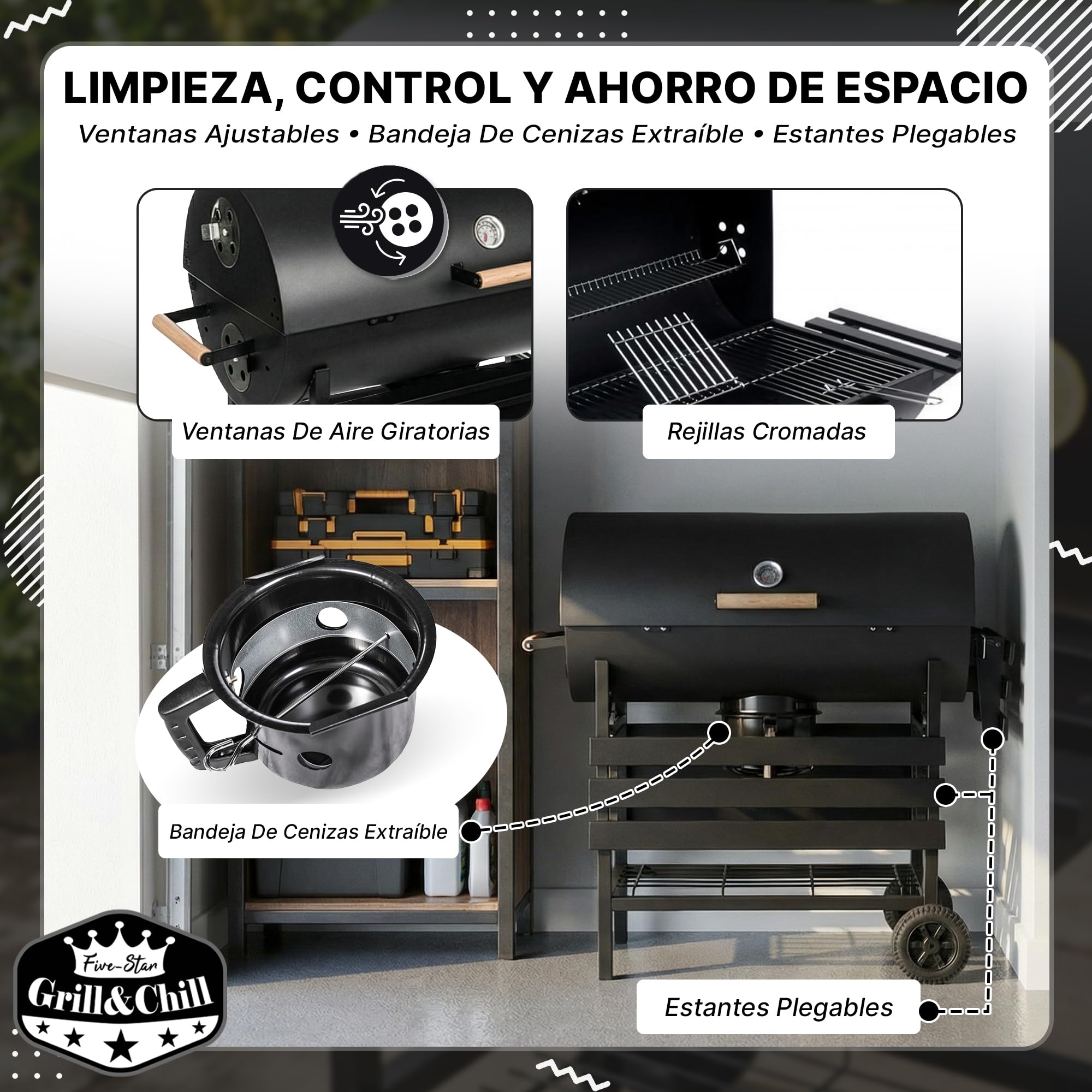 Five-Star Grill&Chill Barbacoa Carbon - para Jardín Exterior BBQ con 2 Estante Plegable, parrilla cromada 71×35 cm, GC0002