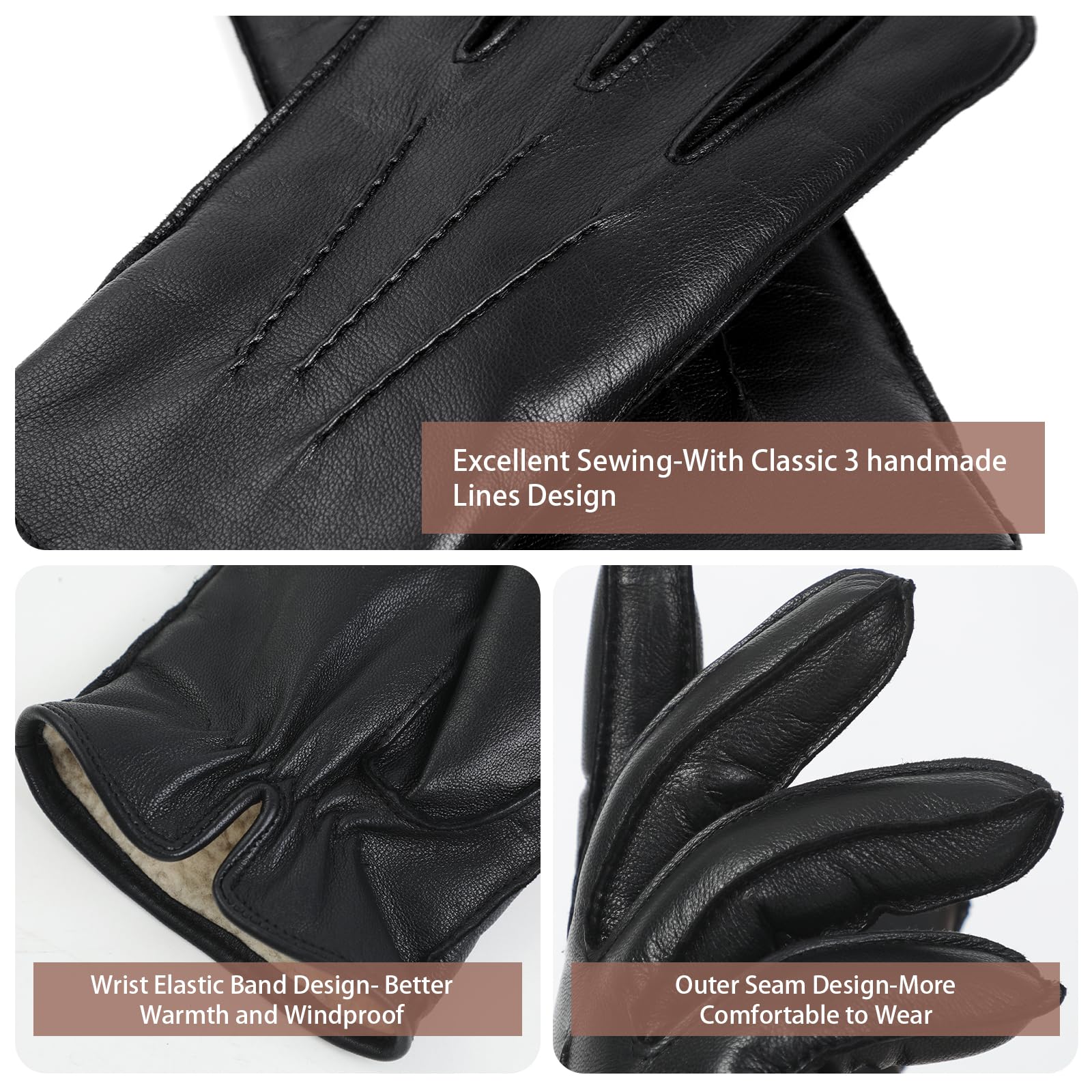 GSG SINCE 1998 Guantes Piel Hombre de Cuero Negro S | Piel de Oveja Sin Cromo, Compatibles con Pantalla Táctil, Forro lana de cordero, Guantes de Invierno para Conducir
