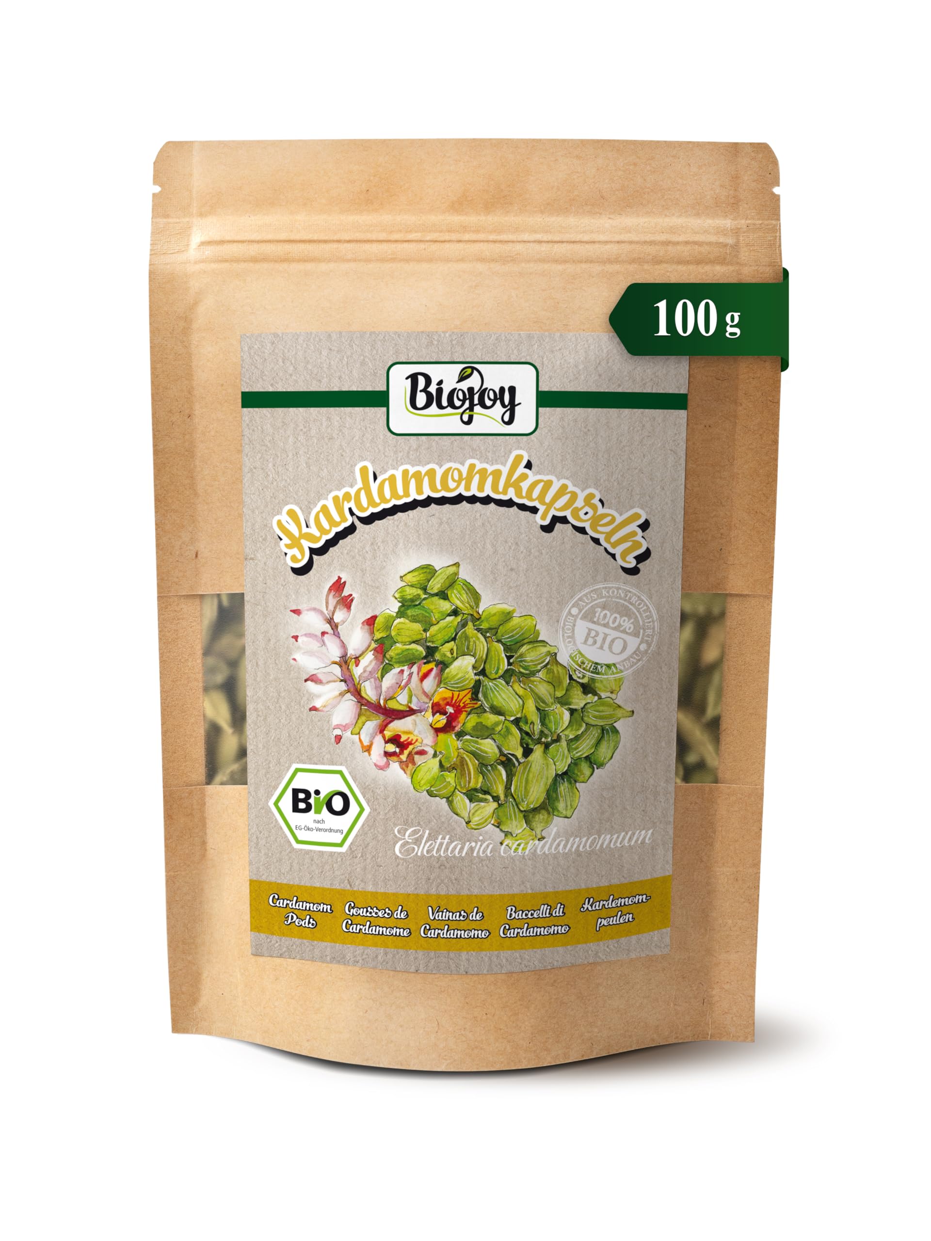 Biojoy Baccelli di Cardamomo BIO (100 g), Cardamomo intero e verde (Elettaria cardamomum)