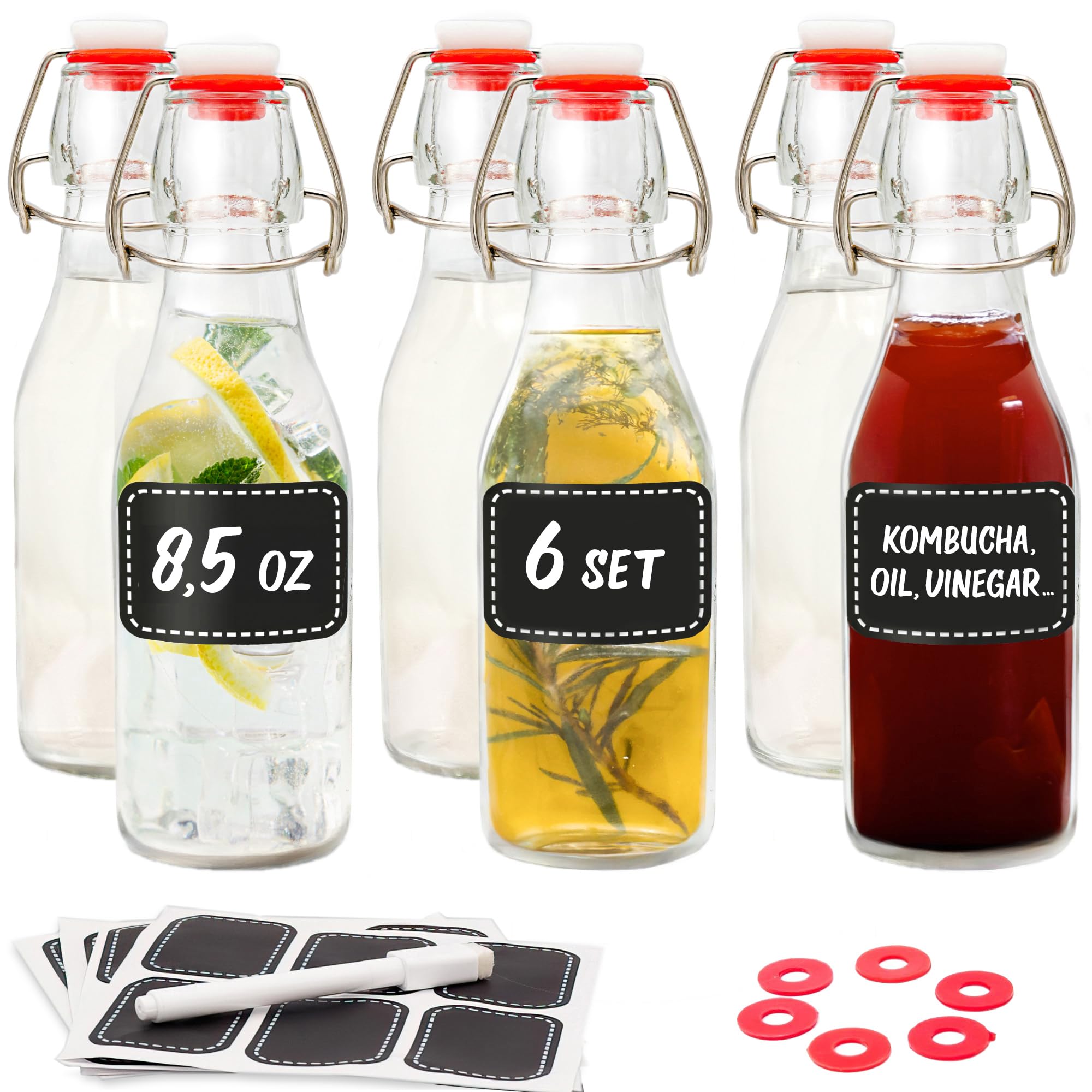 Praknu Swing Top Glass Bottles 8oz - 6 Pack Flip Top Glass Bottles - Airtight Lid - Including 12 Labels & Pen - Dishwasher Safe