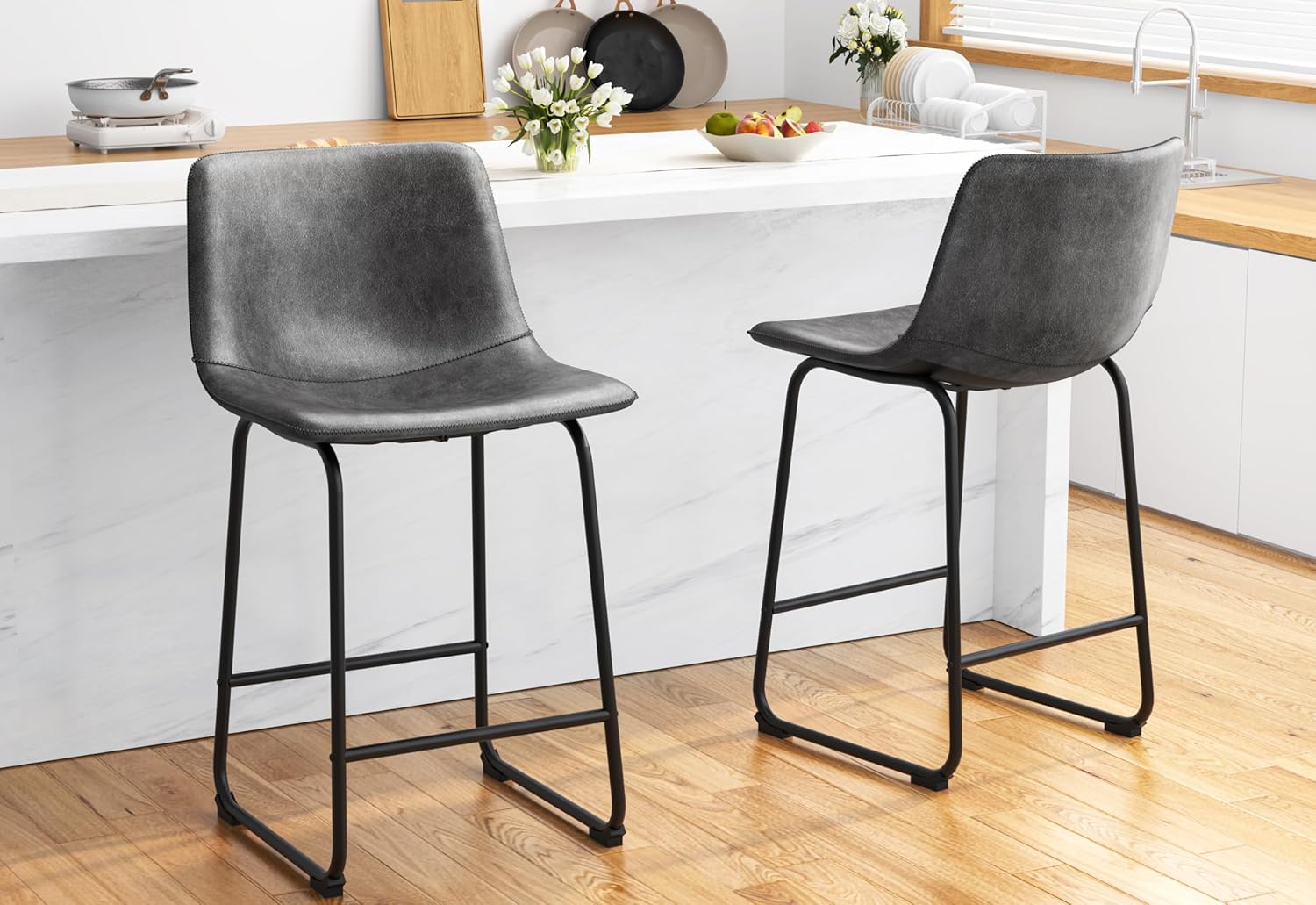 Bar Stools Set of 2, PU Leather Counter Height Bar Stools, 26" Modern Barstools with Metal Legs and Footrest, Urban Armless Dining Chairs with Backrest for Kitchen Island (Grey)