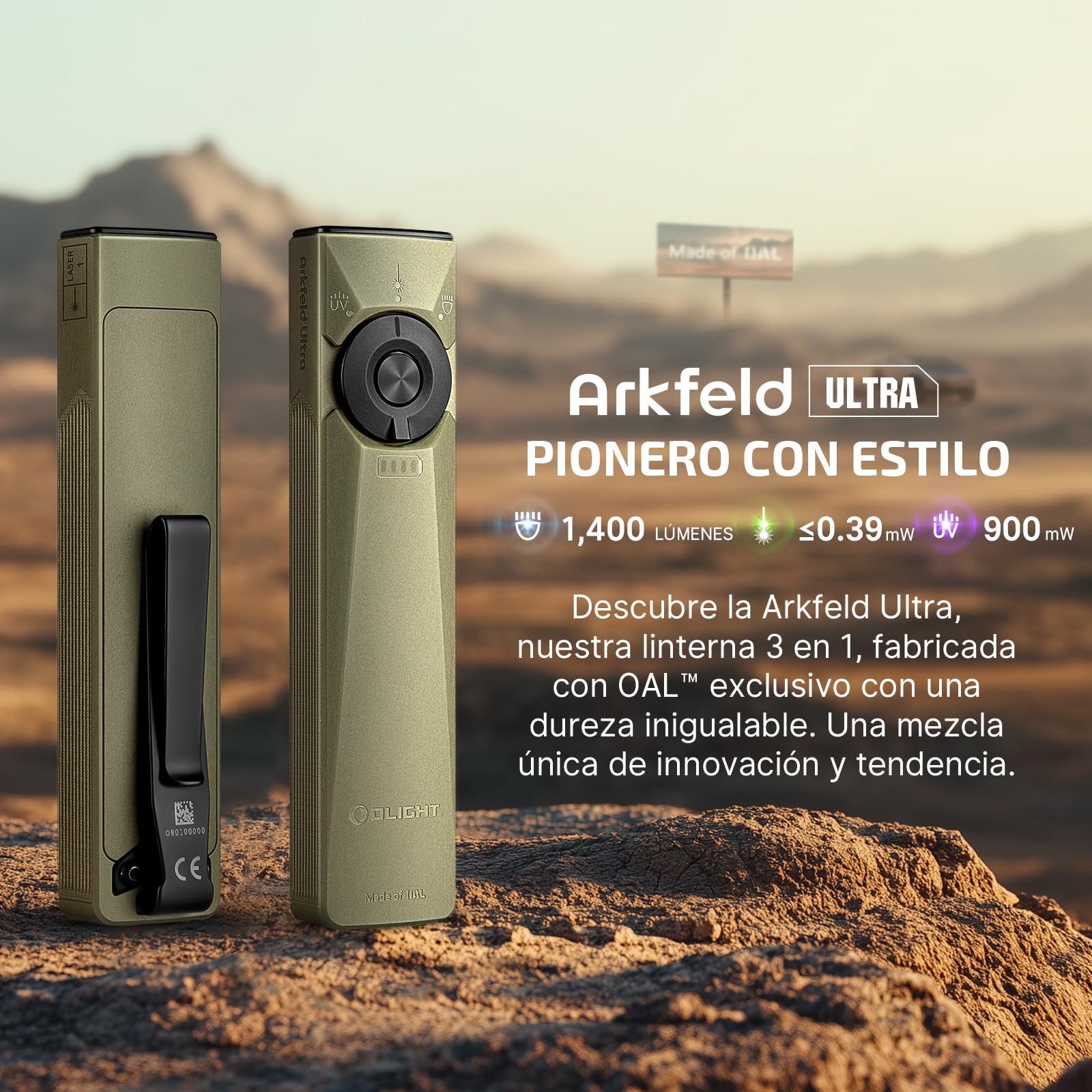 OLIGHT Arkfeld Ultra Linterna Recargable de 1400 LM con Led UV, Luz Verde y Luz Blanca, Linterna Plana para Trabajar, Controlar y Para Uso En Exteriores (Verde Oliva)