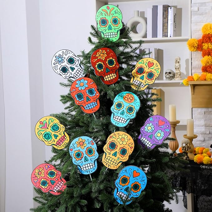 Jenaai 12 Pcs Day of The Dead Decorations Tree Picks Large Dia De Los Muertos Sugar Skull Ornaments Halloween Skeleton Head Tree Topper for Home Office Christmas Xmas Party Vase Decoration