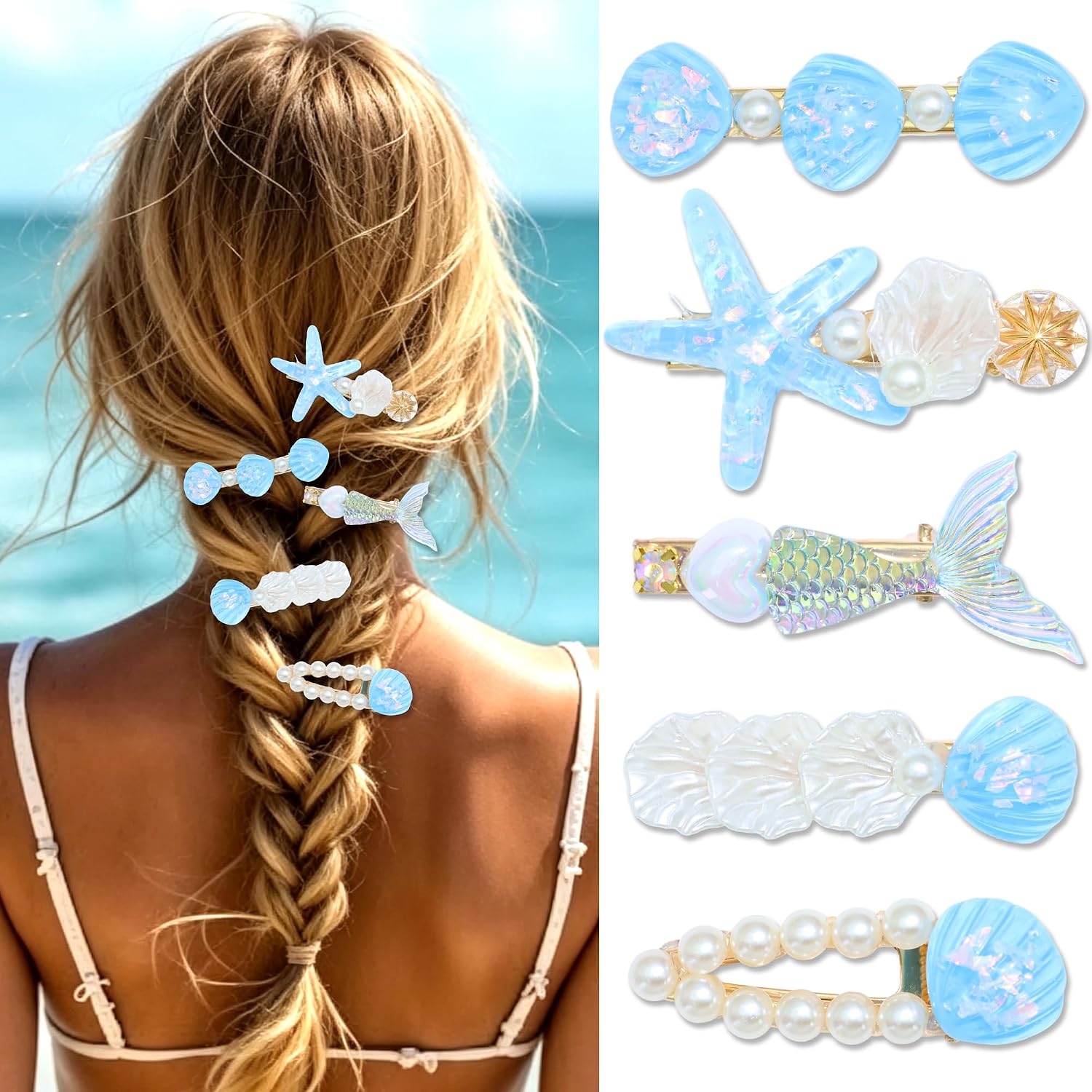 5Pcs Seashell Starfish Hair Clips Blue Mermaid Hair Accessories