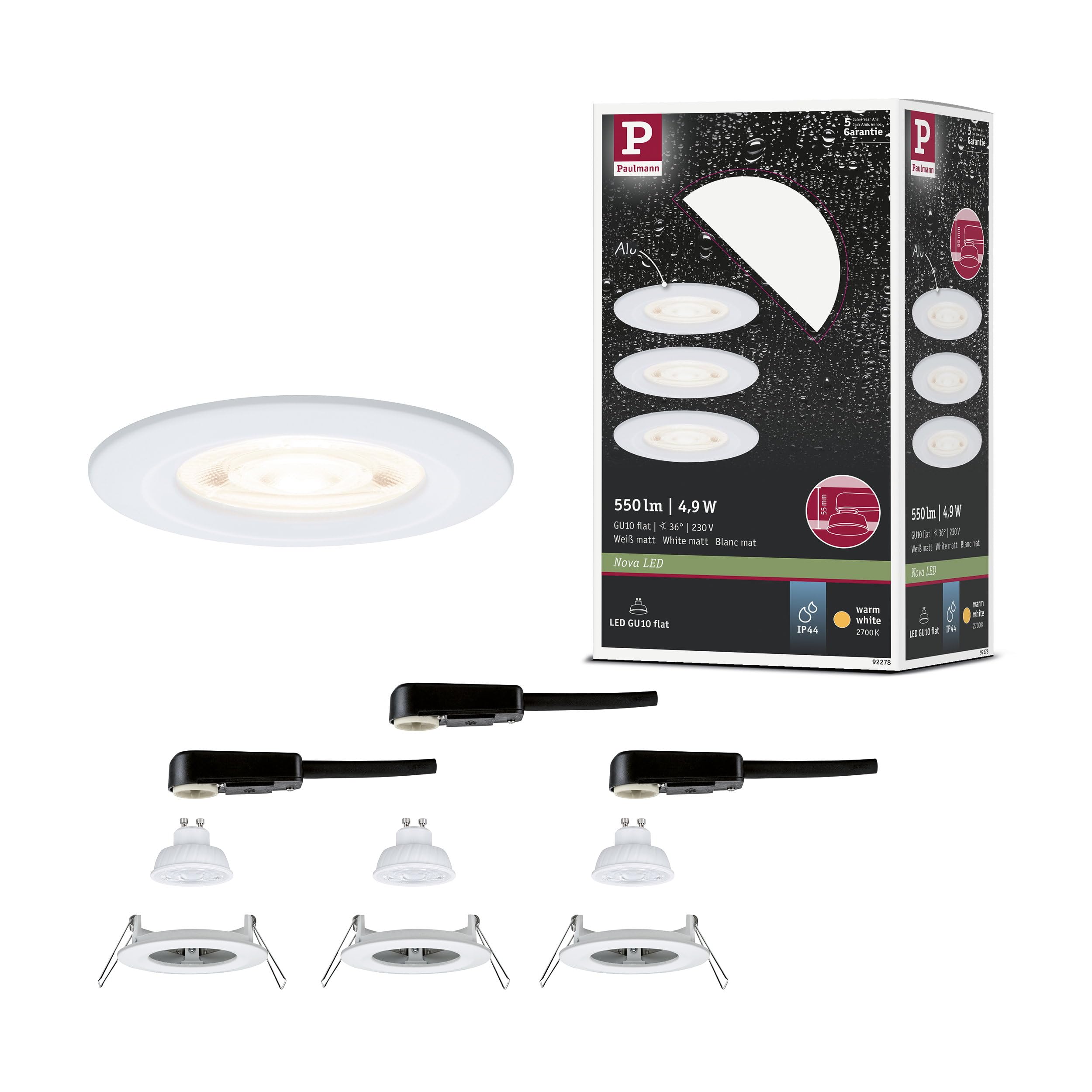 Paulmann Nova GU10 Flat LED Spot encastrés IP44 3x4,9W 3x550lm 230V 2700K blanc dépoli