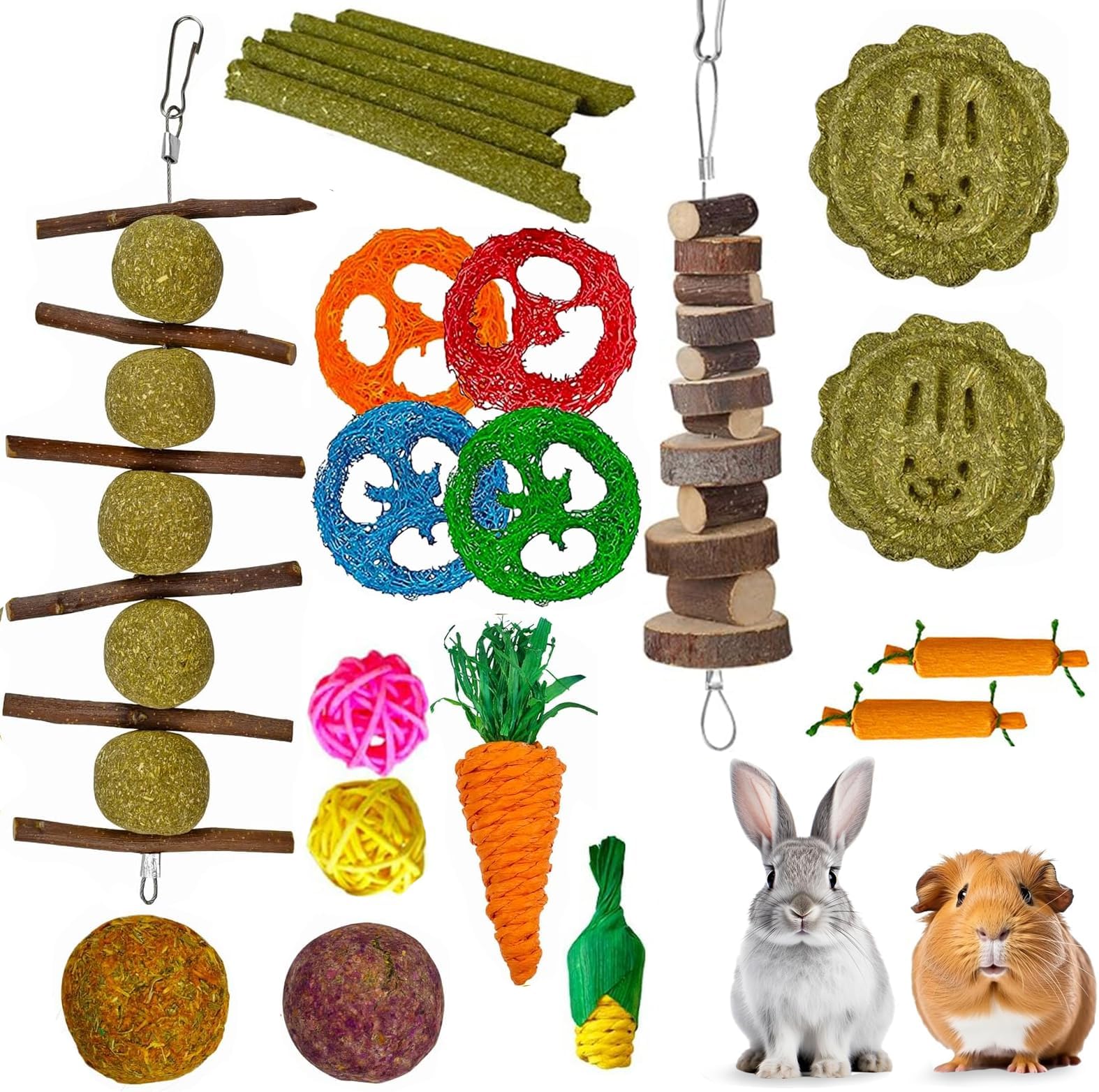 lisetar 21-Pack Rabbit Toys Set, Natural Chew Toys for Bunny, Hamster ...