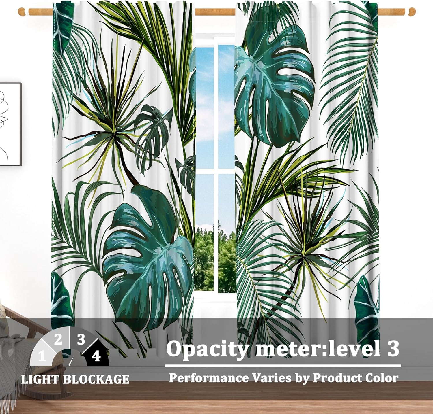 Renaiss 26 x 63 Inch Watercolor Tropical Leaves Curtain for Bedroom Palm Monstera Leaf Back Tab Living Room Linen Drapes Plant Hawaii Jungle Rainforest Thermal Insulated Blackout Curtains 2 Panels