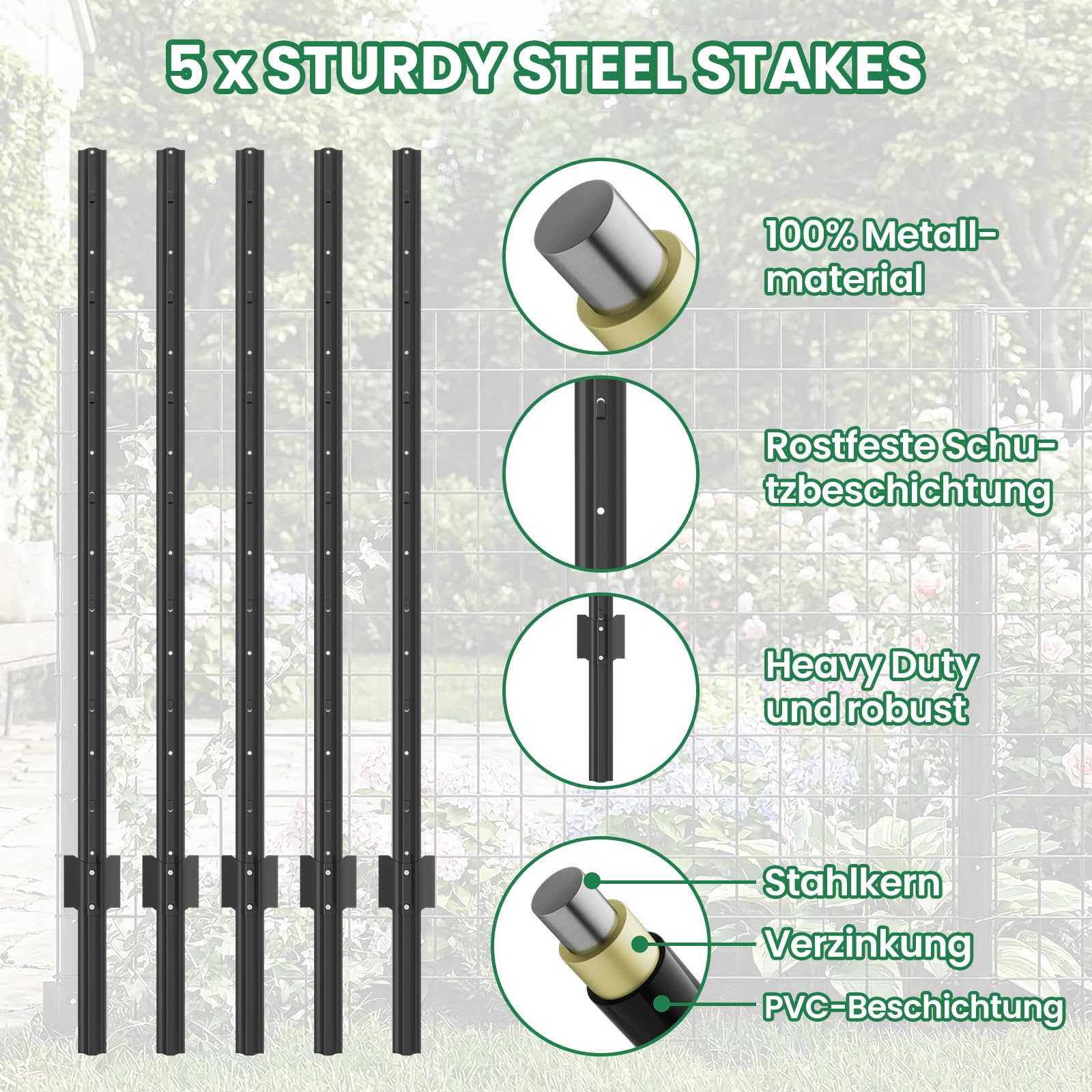 SUNYRISY Metall Hühnerzaun Gartenzaun Maschendrahtzaun 90cm hoch mit 5 x Pfosten, 15m lang Mobiler Hundezaun Weidezaun Steckzaun Begrenzungszaun Schafzaun, Verzinkter Material, Schwarz