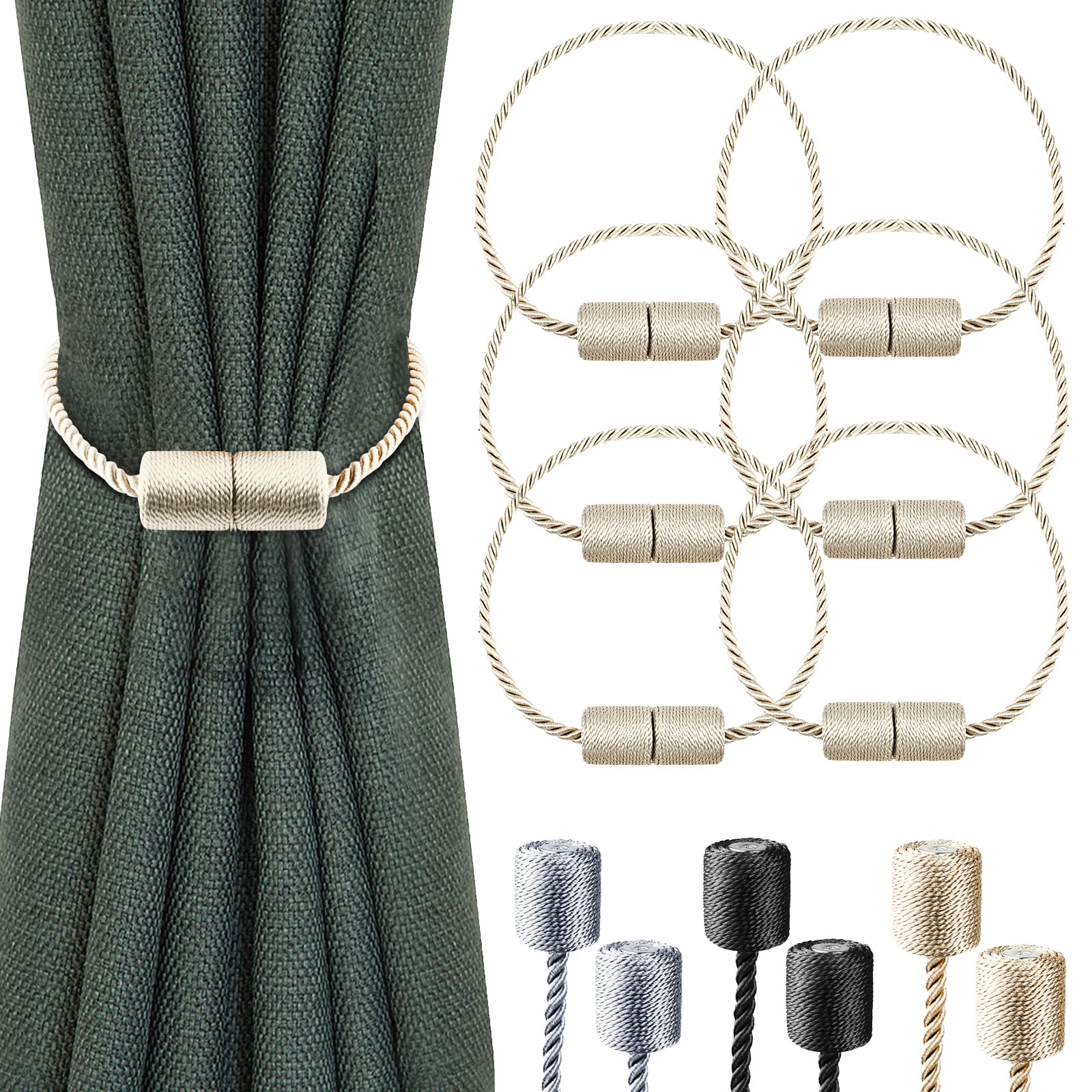 Milaloko 6 Pack Strong Magnetic Curtain Tiebacks with Thicker Twist Rope Decorative Tie Backs Holdbacks for Drapes Window Curtain Beige