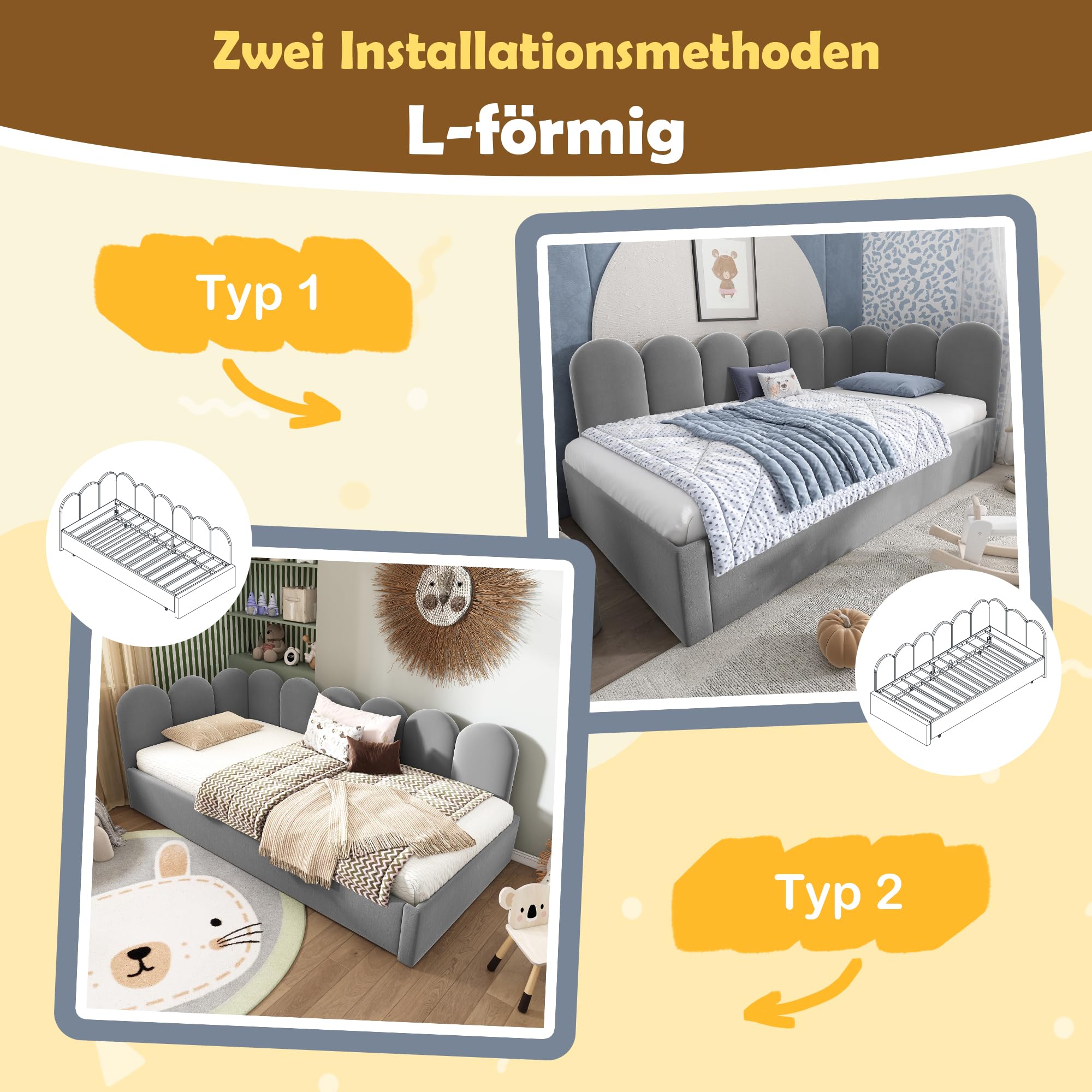 Kebnor Letto imbottito Daybett 90x200cm, divano letto con letto estraibile 90x190cm, letto per bambini con rete a doghe, in velluto (senza materasso) (Grigio)