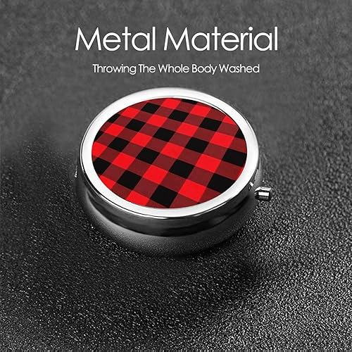 Miniatura 6 de Pastillero redondo con estampado de cuadros de búfalo con 3 compartimentos, pastillero portátil para medicina diaria, suplemento vitamínico