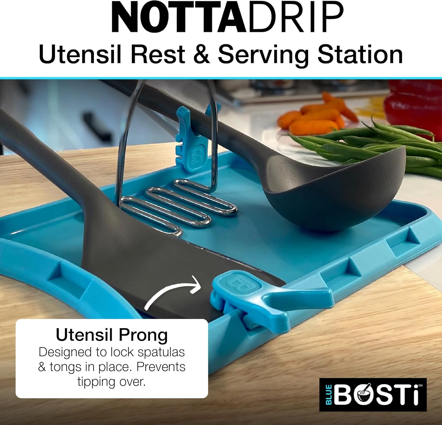 Nottadrip Silicone Spoon Rest for Stove Top - Kitchen Spoon Rest for Countertop, Ladle Holder, All in 1 Serving Station, Elevate Handles, Drip to Tray, Mess Free - 3PC Set No Trivet - Blue