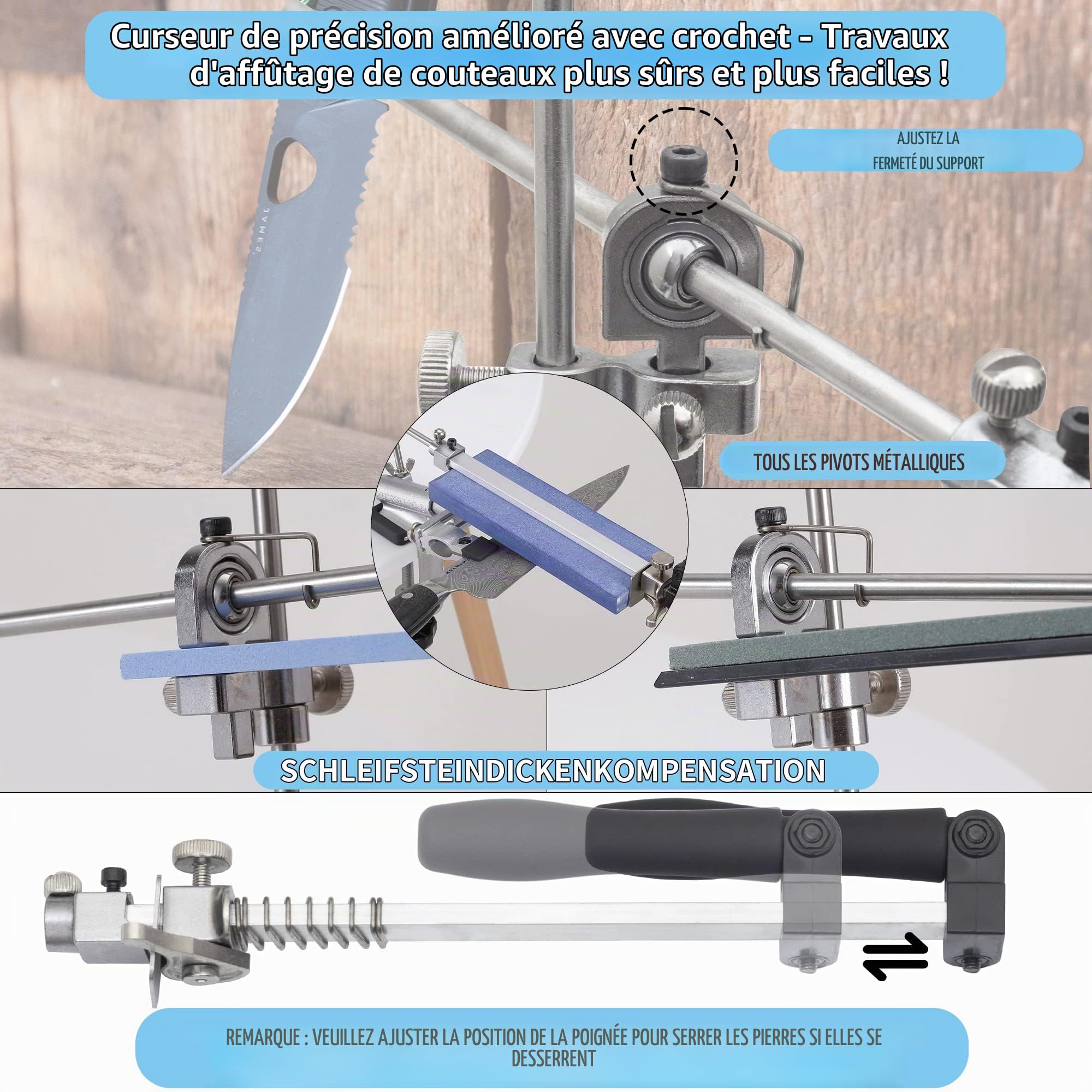 CWOVRS Aiguiseur de Couteaux, RX-009 Affûteur Couteaux à Angle Fixe Rotatif à 360°, Curseur et Fixation Précis Améliorés, Kit de Système d'Affûtage de Couteaux à Cuisine, 10 Pierre Kit