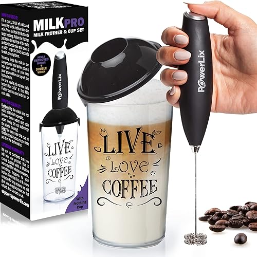 Vista 111 de PowerLix Espumador de leche de mano, funciona con pilas, batidora eléctrica para café, latte, capuchino, chocolate caliente, mini batidora duradera