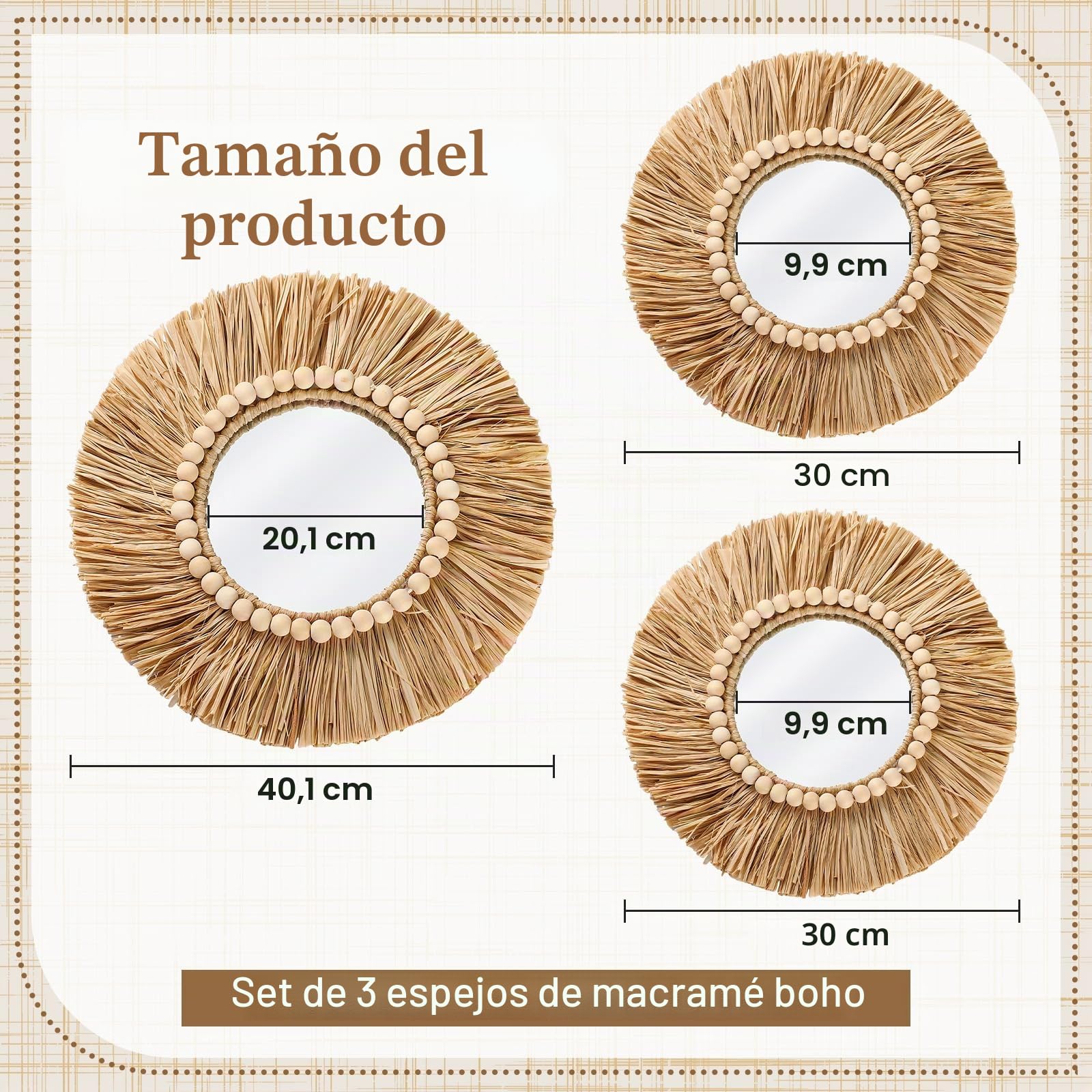 3 espejos de rafia bohemios para colgar en la pared, 15.8 pulgadas, 11.8 pulgadas, redondos, redondos, bohemios, con cuentas de madera, espejos estéticos para dormitorio, sala de estar, baño