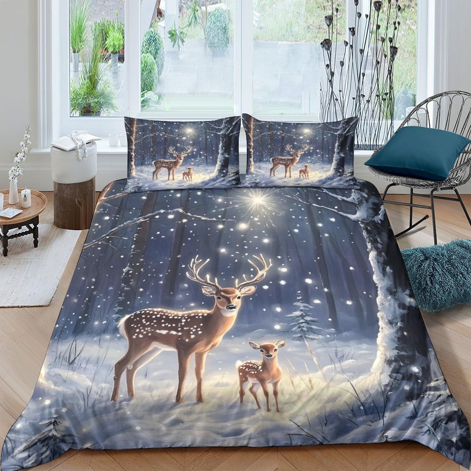 GPLZQXKJNH 3D Printed Winter Forest Deer Duvet Cover Microfiber Soft Breathable Night Snow Bedding Set with 2 Pillowcases for Bedroom Decor, Single（135x200cm）