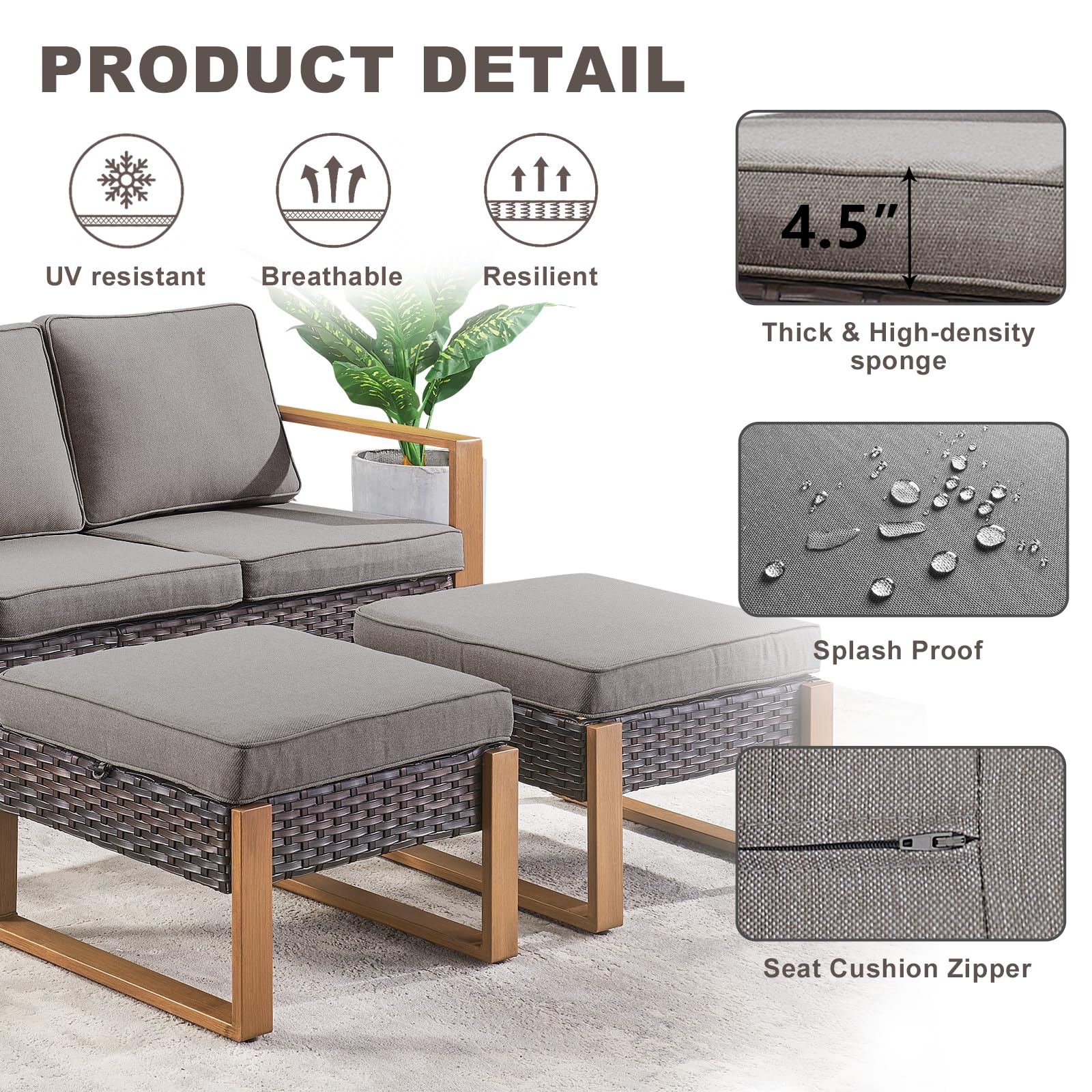 Rilyson Outdoor Ottoman Wicker Patio Footrest - 2 Piece Footrest Footstools Set with Sturdy Frame,All-Weather PE Wicker, Thick Cushions for Deck Porch Garden(Brown/Grey)