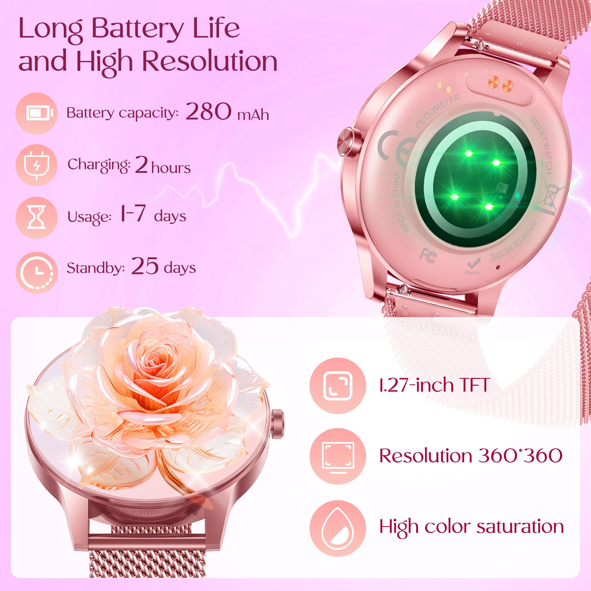 Smartwatch Donna Orologio Chiamate Bluetooth: 1,27" Tondo Touch Orologi Smart Watch da Impermeabile Sport Fitness Contapassi Cardiofrequenzimetro Pressione Caloriec Rosa Polso per Android iOS Telefono