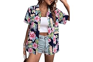 Floral Hawaii Shirt for Women with V-Neck and Short Sleeves