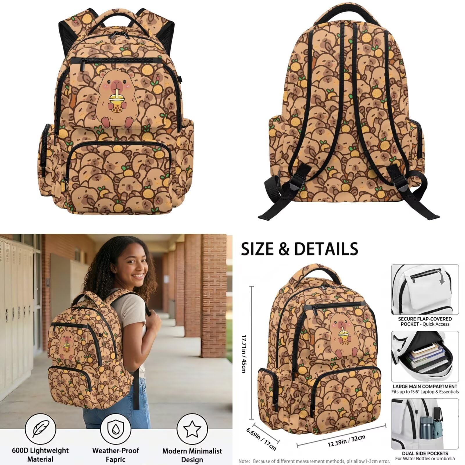 Howilath Mochila De Niña - Set zaino e portapranzo per bambine dai 6 agli 8 anni, 8-10 anni, 10-12 anni, 4 pezzi, con astuccio, custodia per bottiglia d'acqua, Capybara Bere Bubble Tea, L, Classico