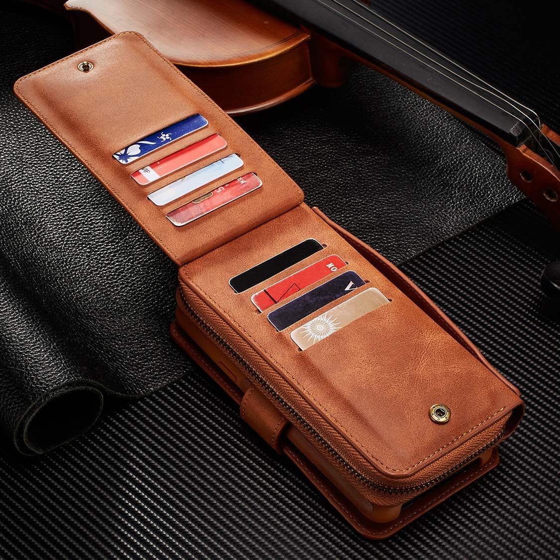 XRPow Case for Galaxy S9 [2 in 1] Wallet Case Magnetic Detachable Cover Zipper Purse Clutch [Vegan Leather] Samsung Glaxy S9 Flip Case with [11 Card Holder] [Mirror] - Brown