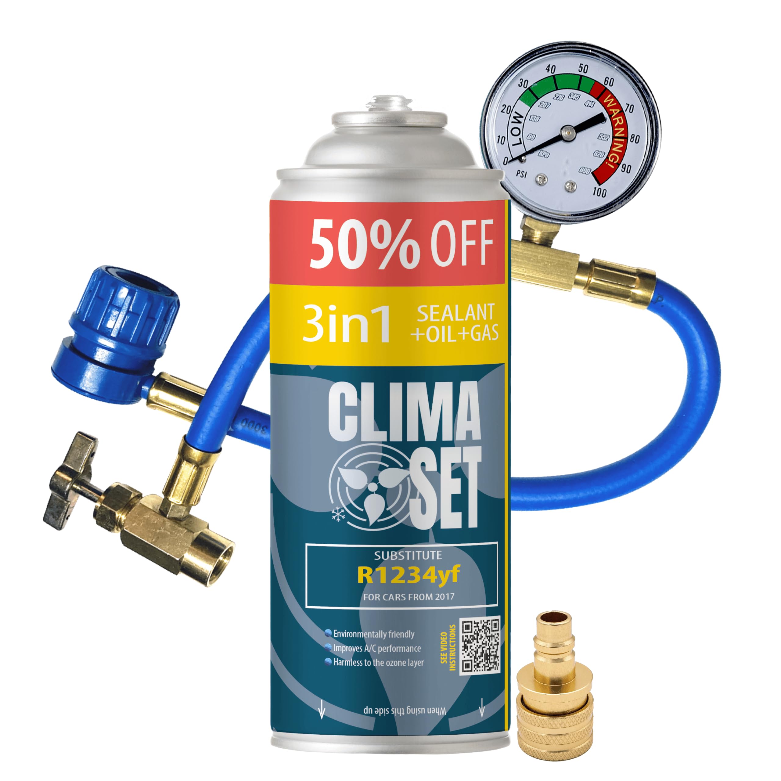 ClimaSet - 3-in-1 R1234yf Gaz do Klimatyzacji, Olej, Uszczelniacz XL & Przewód i Adapter - Zestaw do Samodzielnego Napełniania Klimatyzacji w Aucie - 235g
