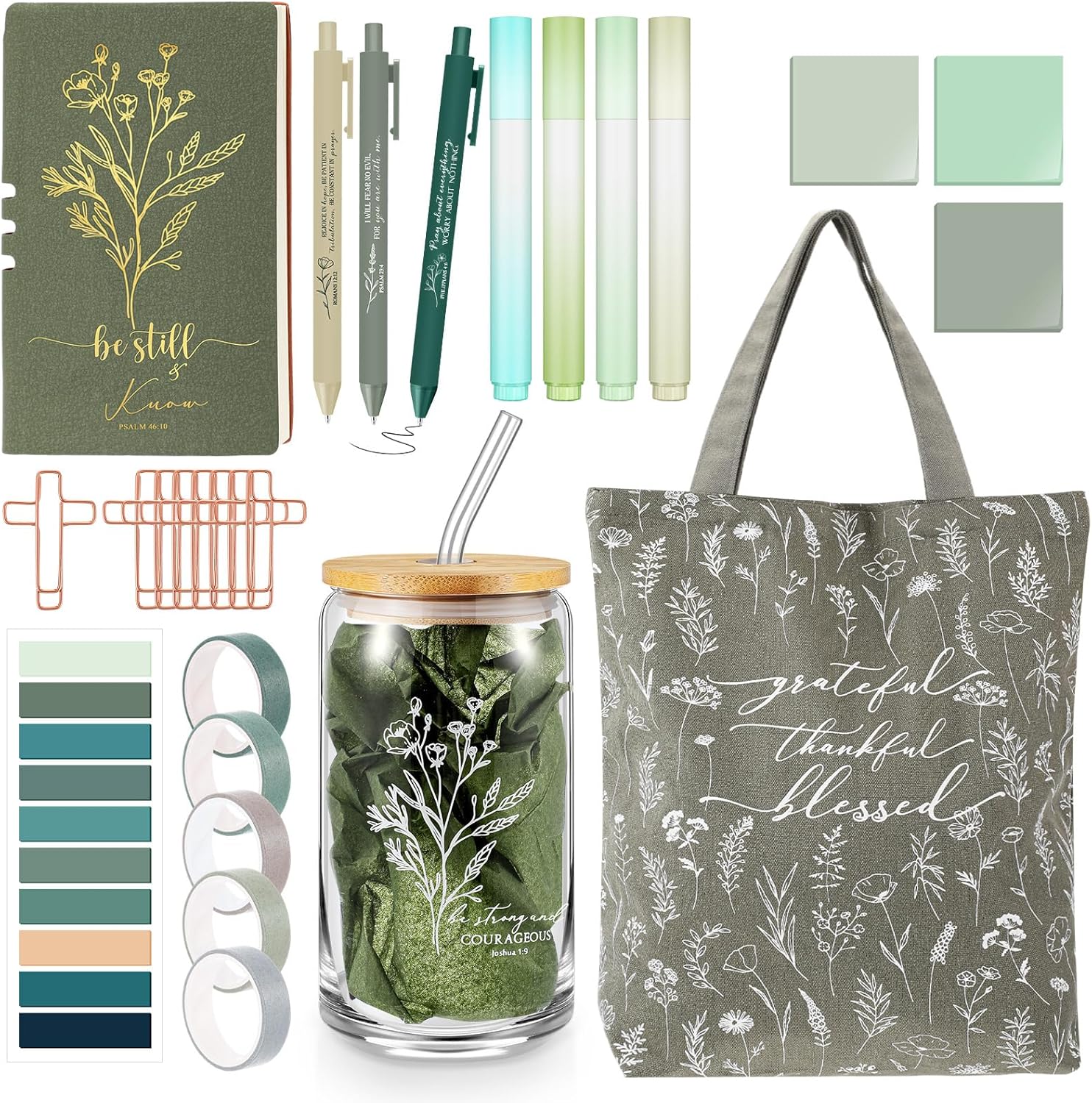 29 Pcs Bible Journaling Kit 16 oz Glass Cup Canvas Bag Leather Notebook Highlighters and Pens Sticky Note Tapes Grandparents Gift Bible Study Supplies for Teacher Women Nurse(Green,Boho)