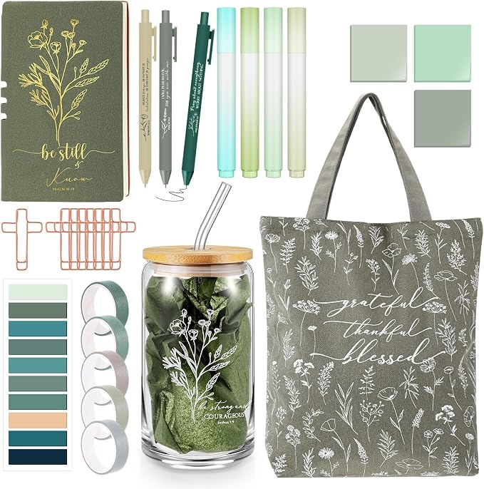 29 Pcs Bible Journaling Kit 16 oz Glass Cup Canvas Bag Leather Notebook Highlighters and Pens Sticky Notes Tapes Paper Clips Bible Study Supplies Mother's Day Gift for Women(Green,Boho)