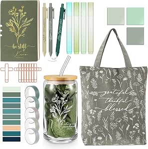 Singhoow 29 Pc Bible Journaling Kit – Glass Cup, Notebook, Bag, Pens, Pink Bow Theme, Gift Set