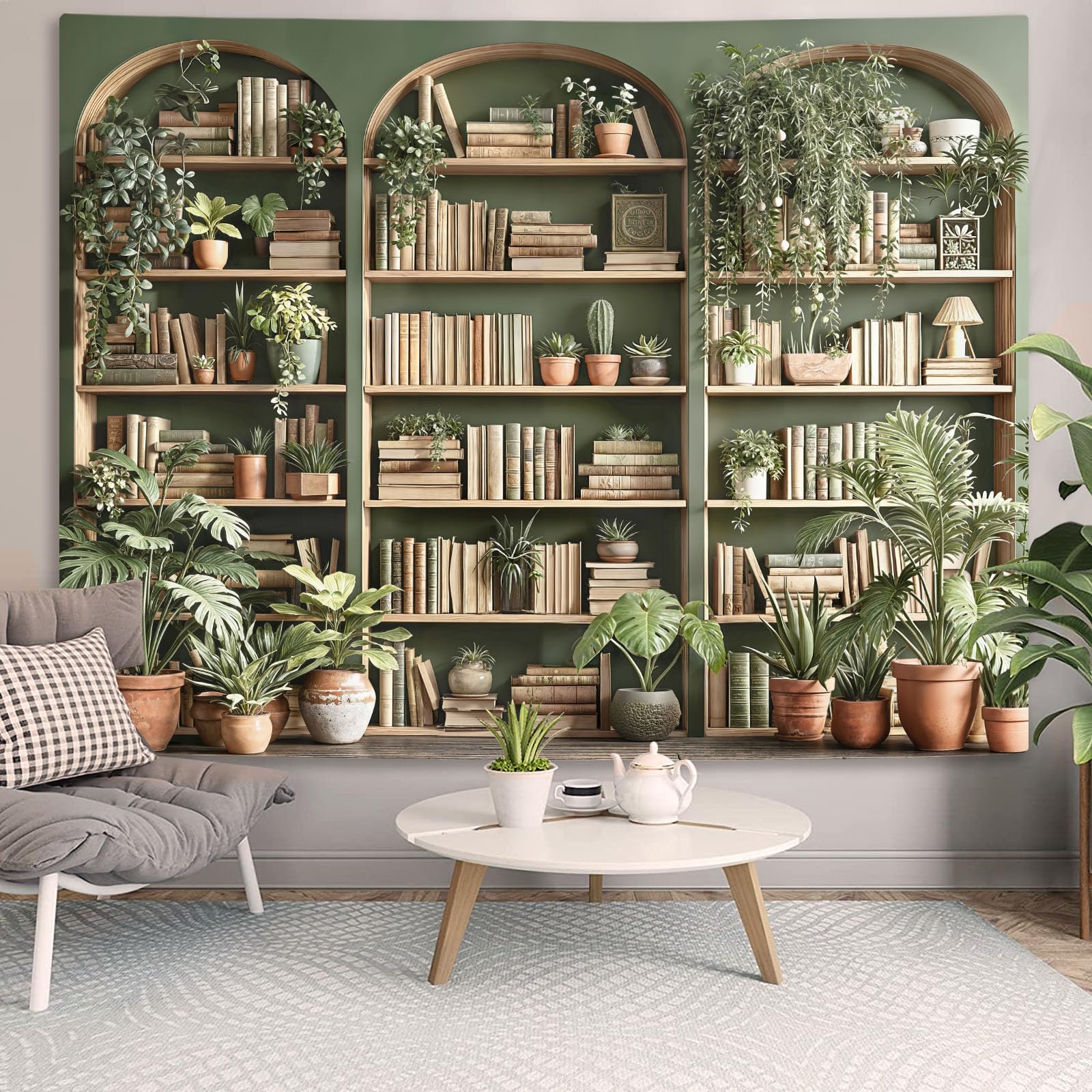 Accnicc Botanical Bookshelf Tapestry Lush Green Plant Book Shelf Tapestries Wall Hanging Art Vintage Retro Potted Plants Academics Library Book Tapestry for Bedroom Living Room Dorm 80 x 60 inch: Sage Green 80"L x 60"W